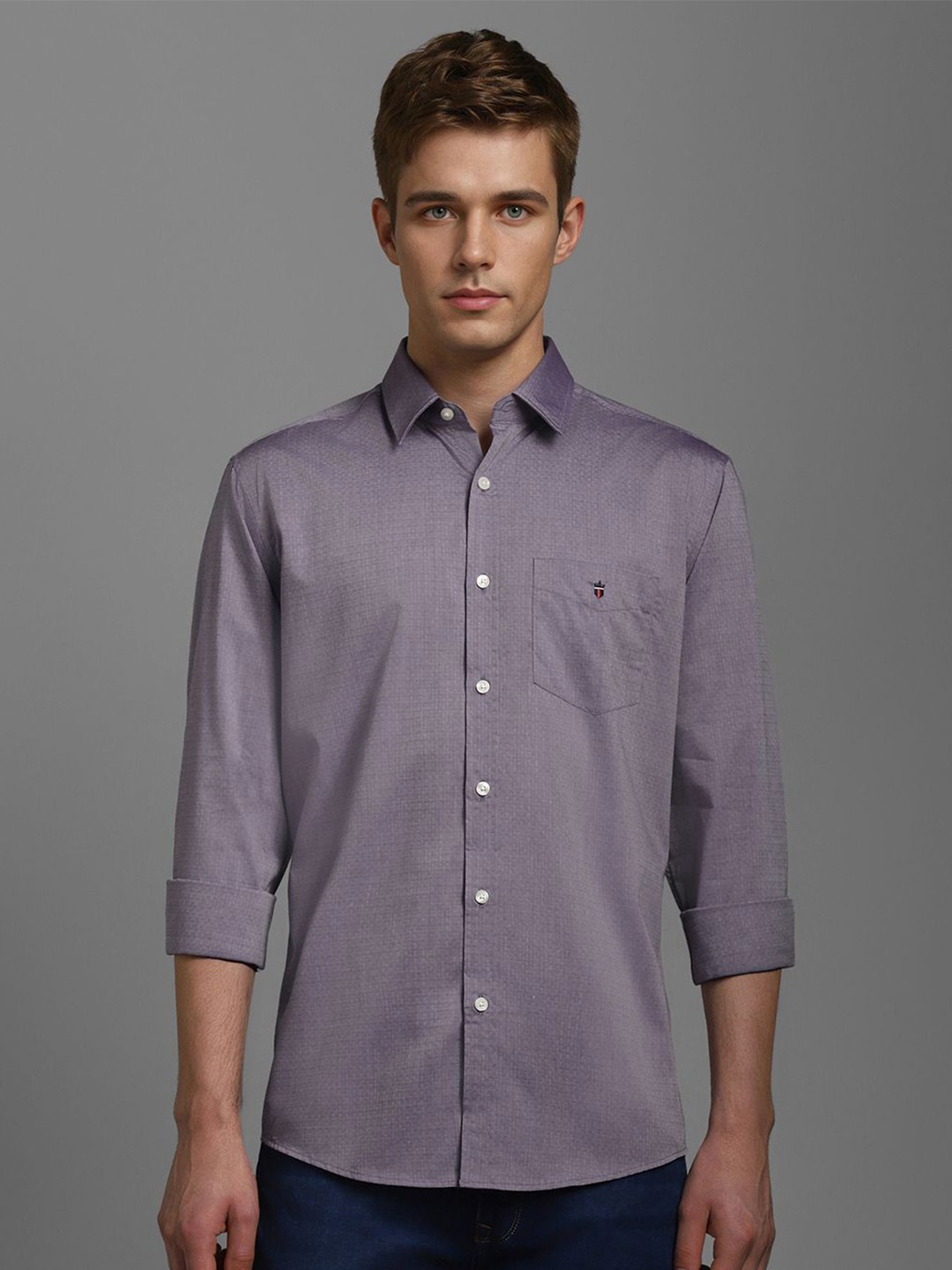 

Louis Philippe Sport Men Micro Ditsy Printed Spread Collar Cotton Casual Shirt, Purple