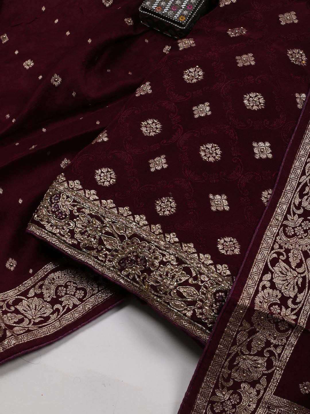 

Meena Bazaar Ethnic Motifs Woven Design Zari Unstitched Dress Material, Purple