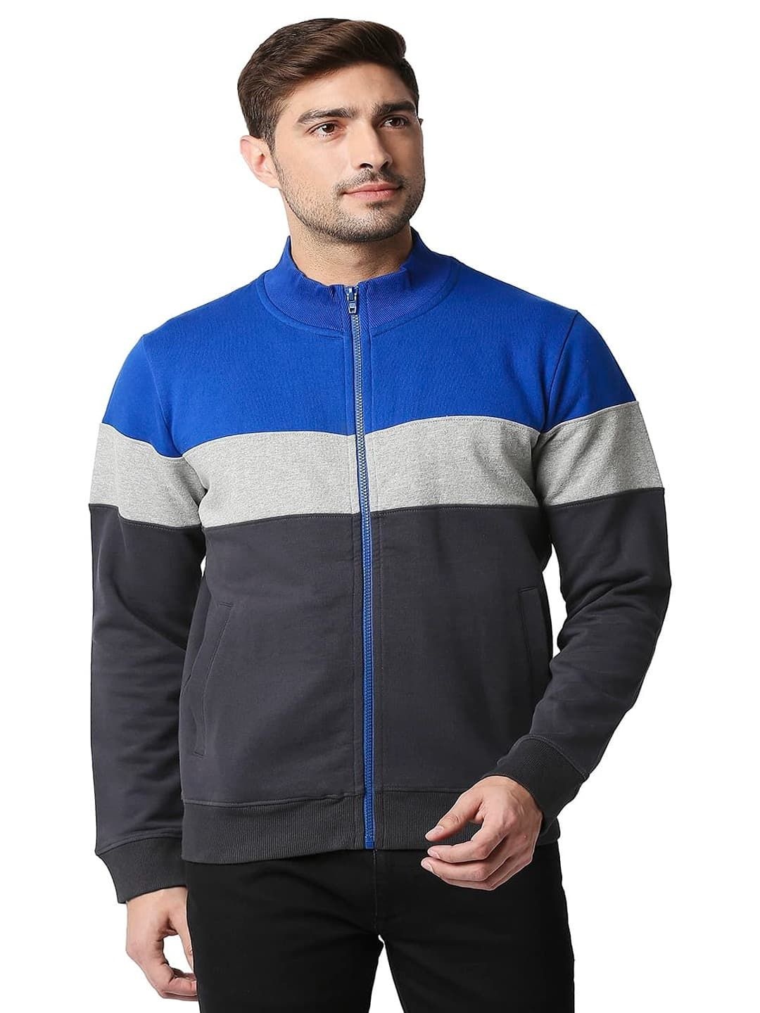 

Basics Men Mock Collar Colourblocked Cotton Casual Bomber Jacket, Blue