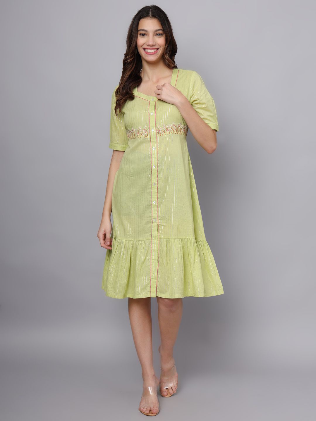 

CRAFTED FOR YOU Cotton Embroidered A-Line Dress, Green
