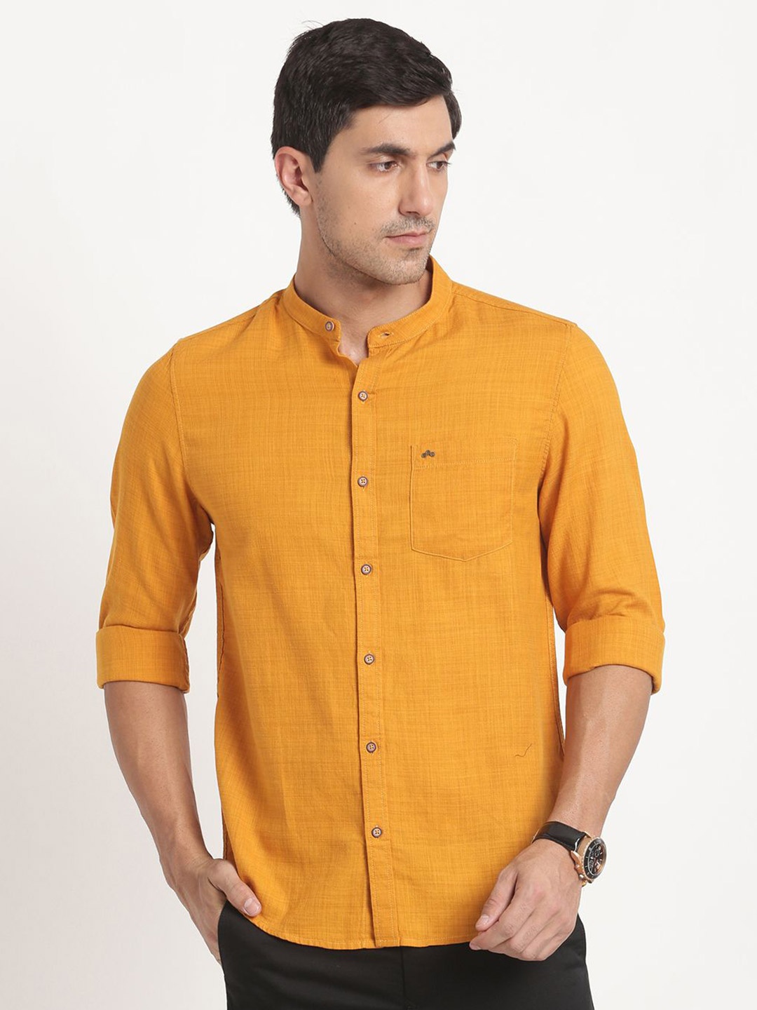 

Turtle Men Relaxed Fit Band Collar Solid Casual Shirt, Mustard