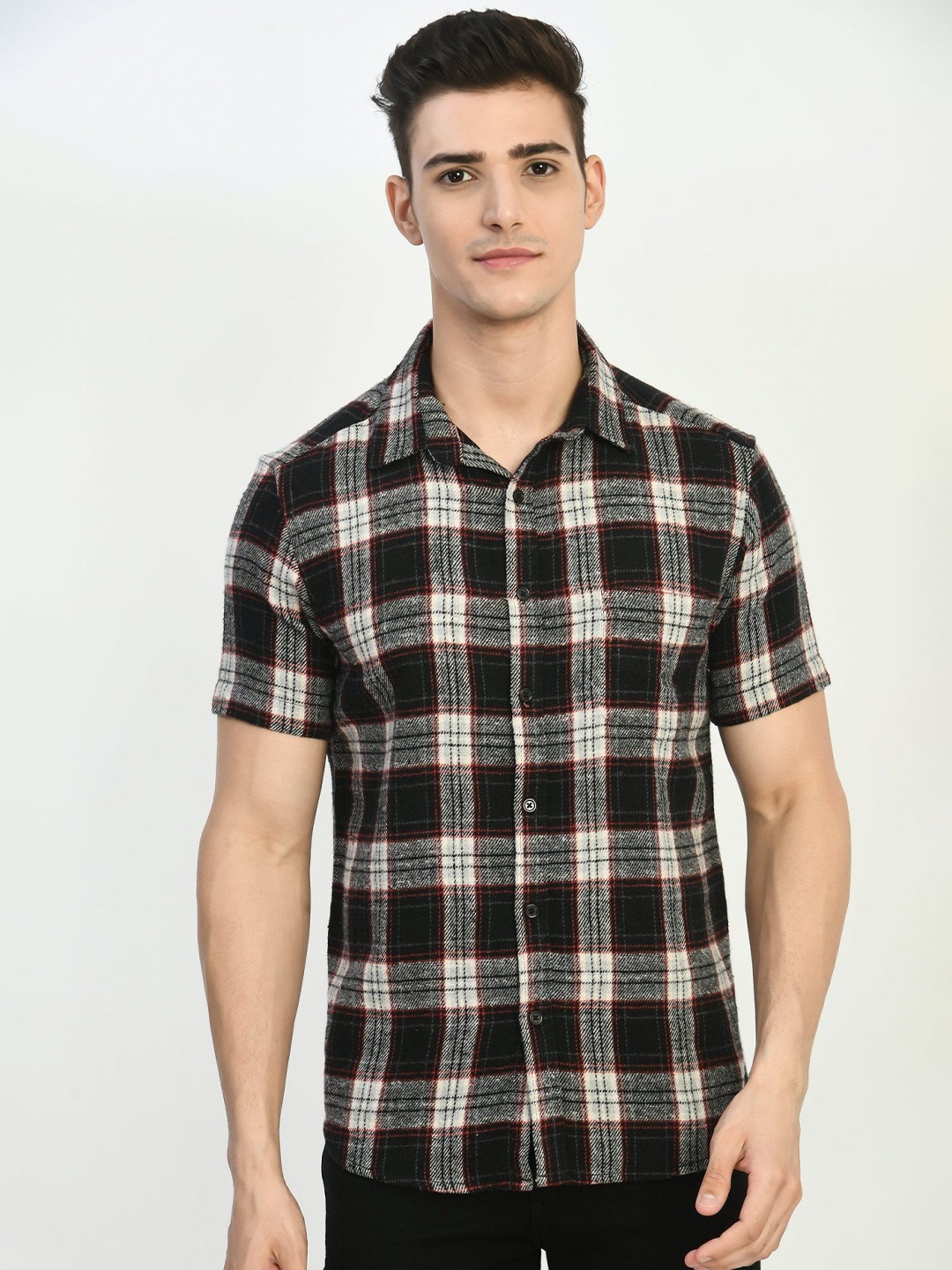 

elioop Men New Slim Fit Spread Collar Tartan Checked Cotton Casual Shirt, Black