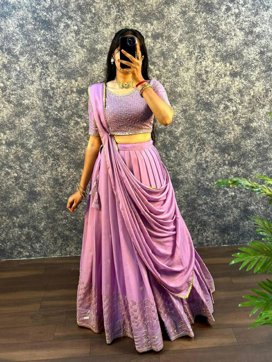 

Rujave Embroidered Sequinned Silk Georgette Ready to Wear Lehenga & Blouse With Dupatta, Pink