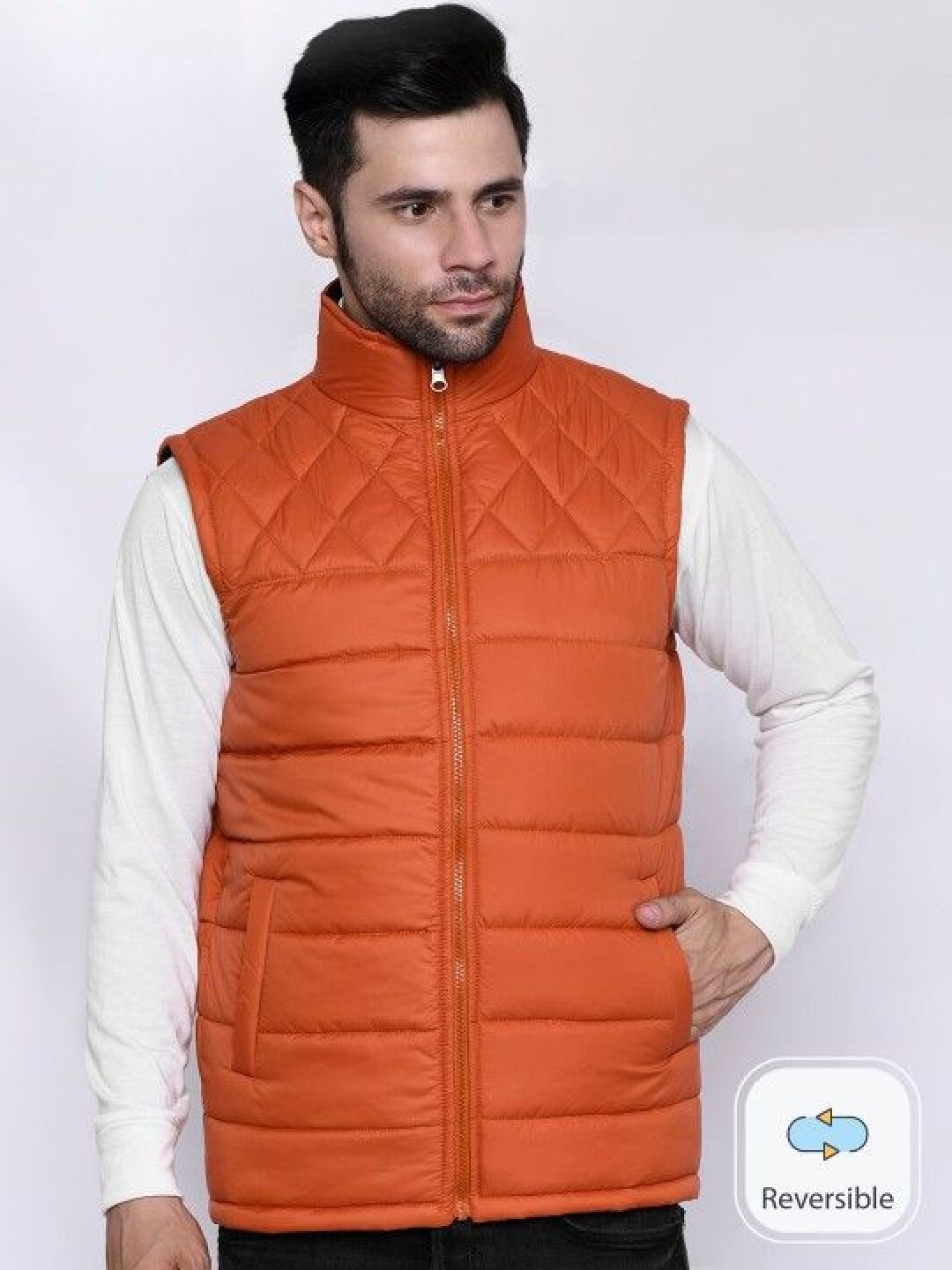 

Mark Leute Men Mock Collar Solid Casual Padded Reversible Jacket, Orange