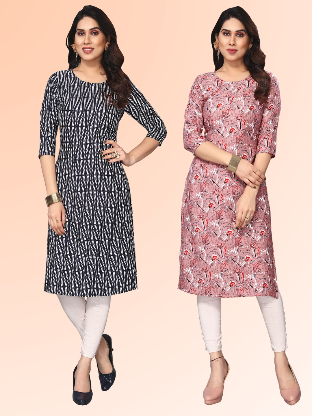 

KETAKI FASHION Selection of 2 Abstract Printed Round Neck Straight Kurtas, Black