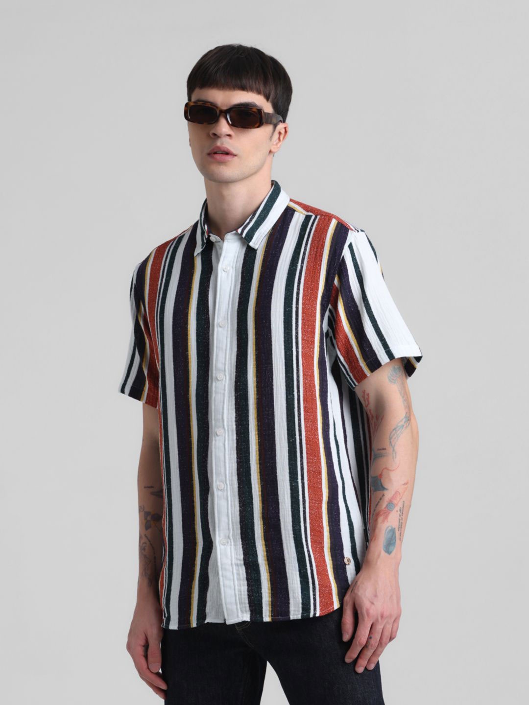 

Jack & Jones Men Spread Collar Multi Striped Cotton Casual Shirt, White