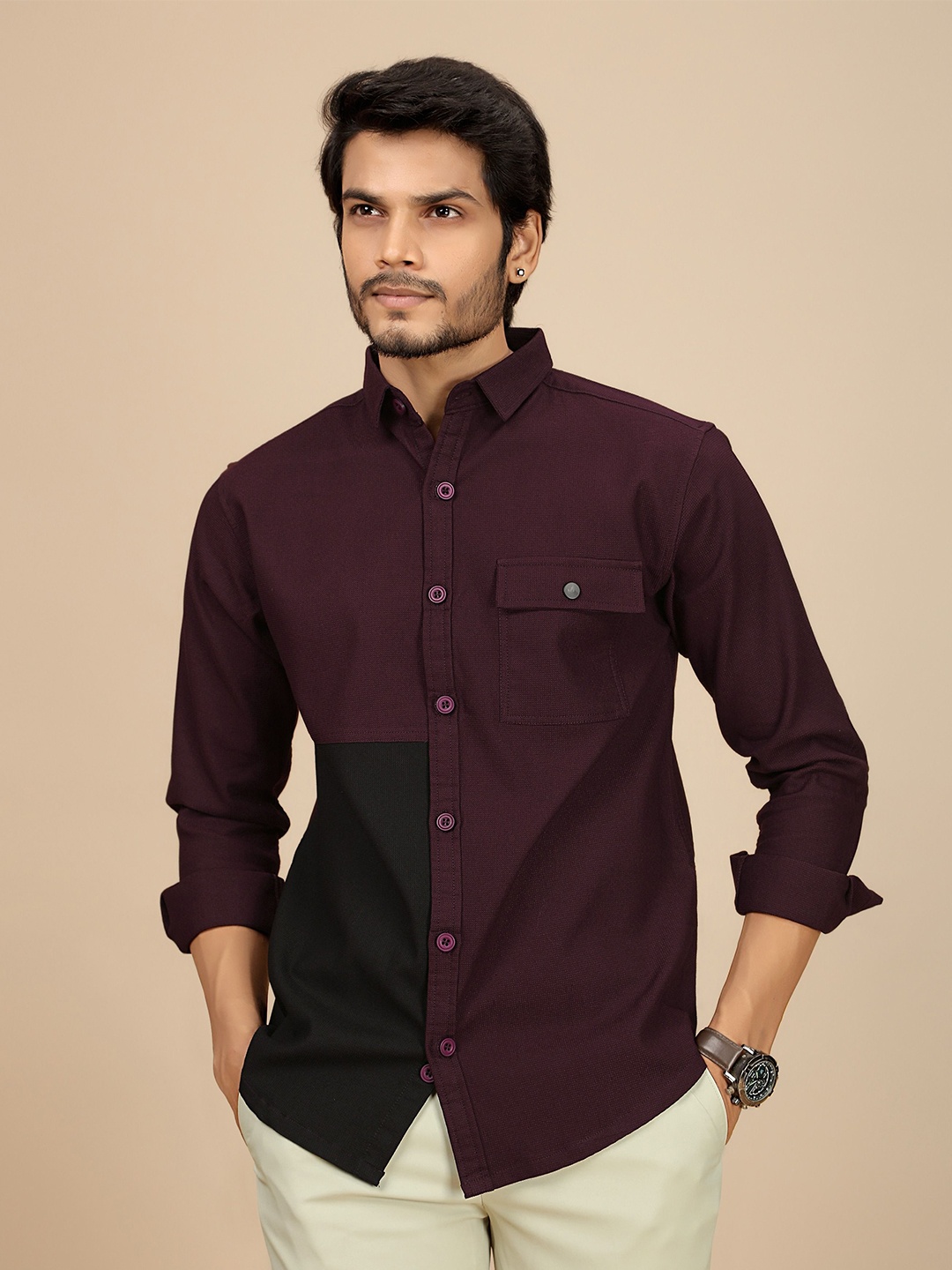 

JOSE N POSE Men Premium Tailored Fit Spread Collar Colourblocked Casual Shirt, Purple