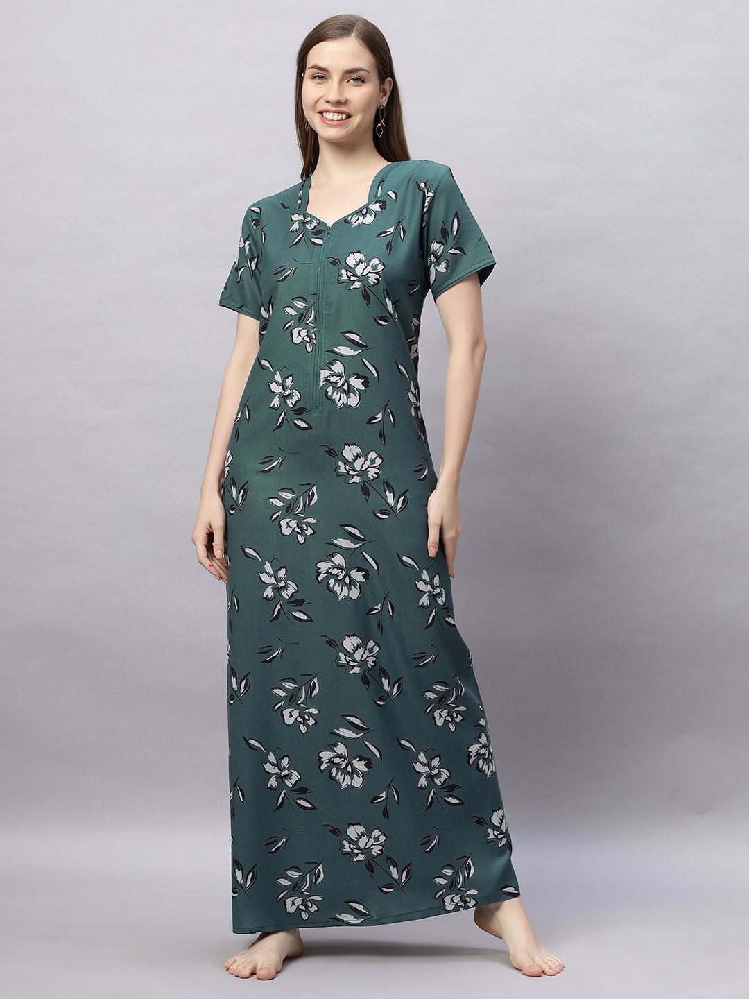 

QUIRA Women Floral Printed Maxi Nightdress, Green
