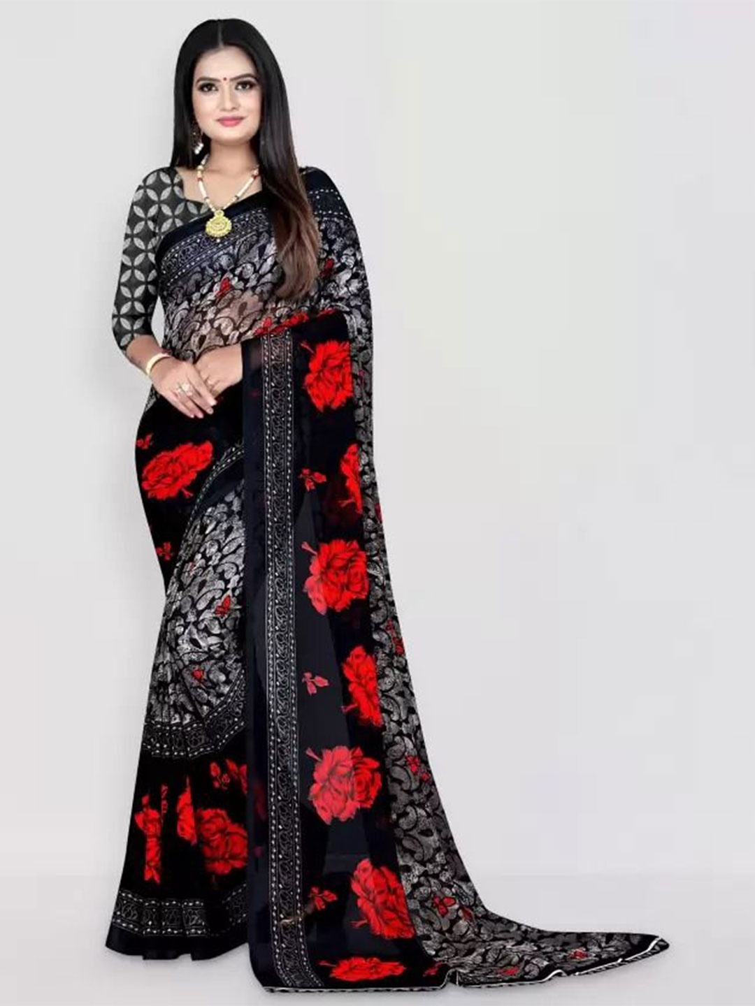 

SAADHVI Paisley Printed Zari Pure Georgette Designer Saree, Black