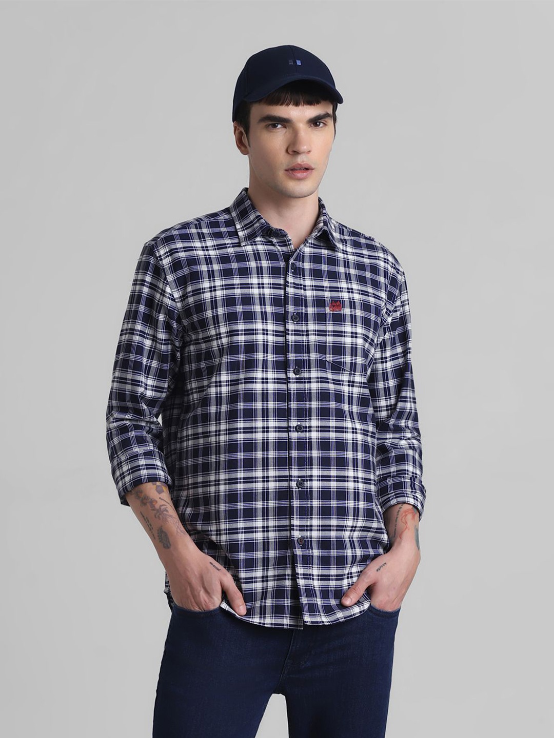 

Jack & Jones Men Spread Collar Tartan Checked Cotton Casual Shirt, Navy blue