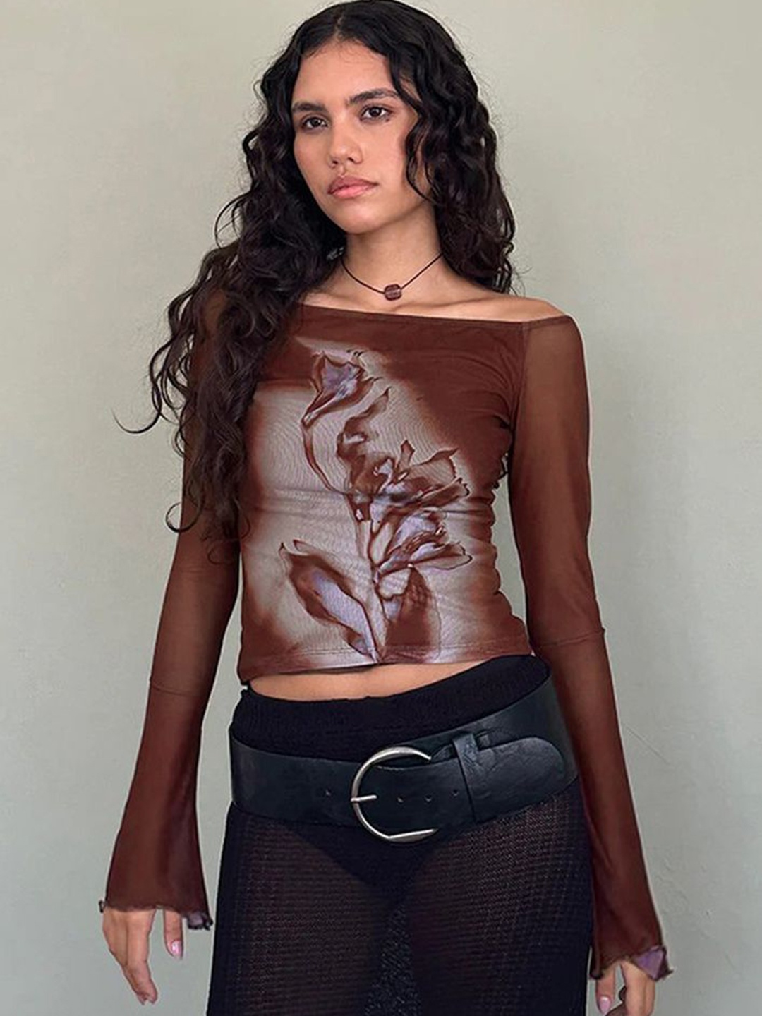 

LULU & SKY Women Printed Off-Shoulder Fitted Crop Top, Brown
