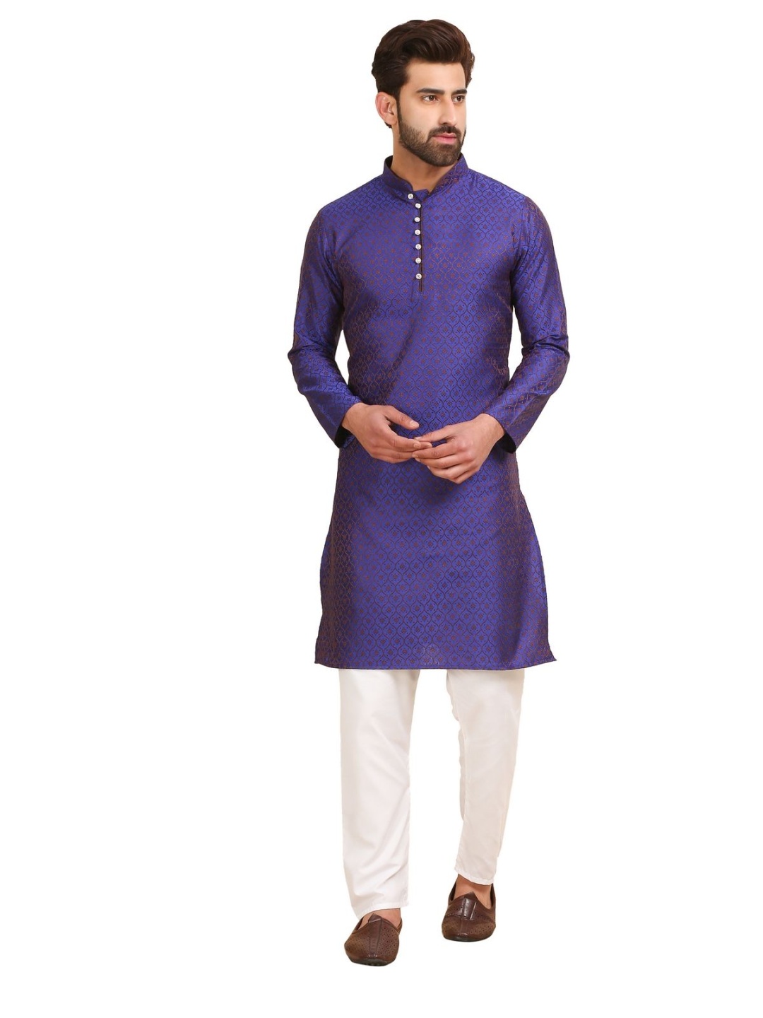 

Larwa Ethnic Motifs Woven Design Mandarin Collar Jacquard Weave Kurta With Pyjama, Blue