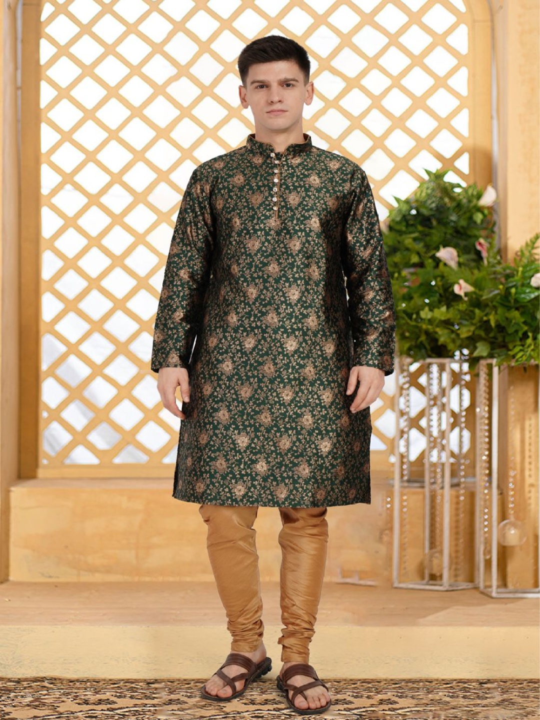 

Larwa Jacquard Woven Design Mandarin Collar Straight Kurta With Churidar, Green