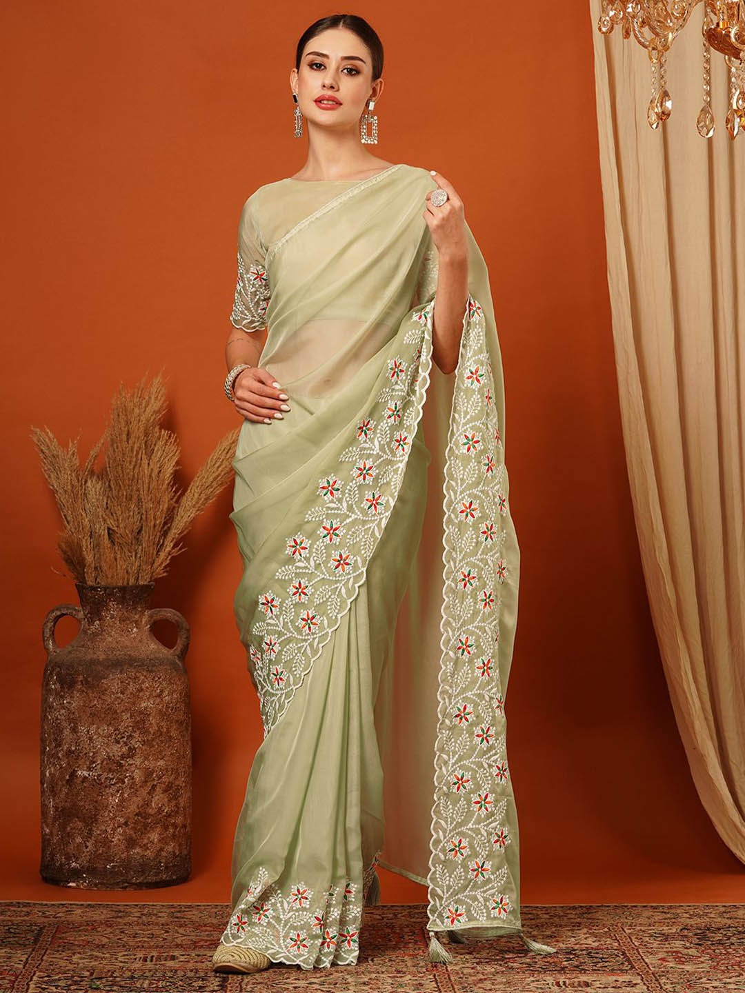 

yourwish Embroidered Organza Saree, Olive