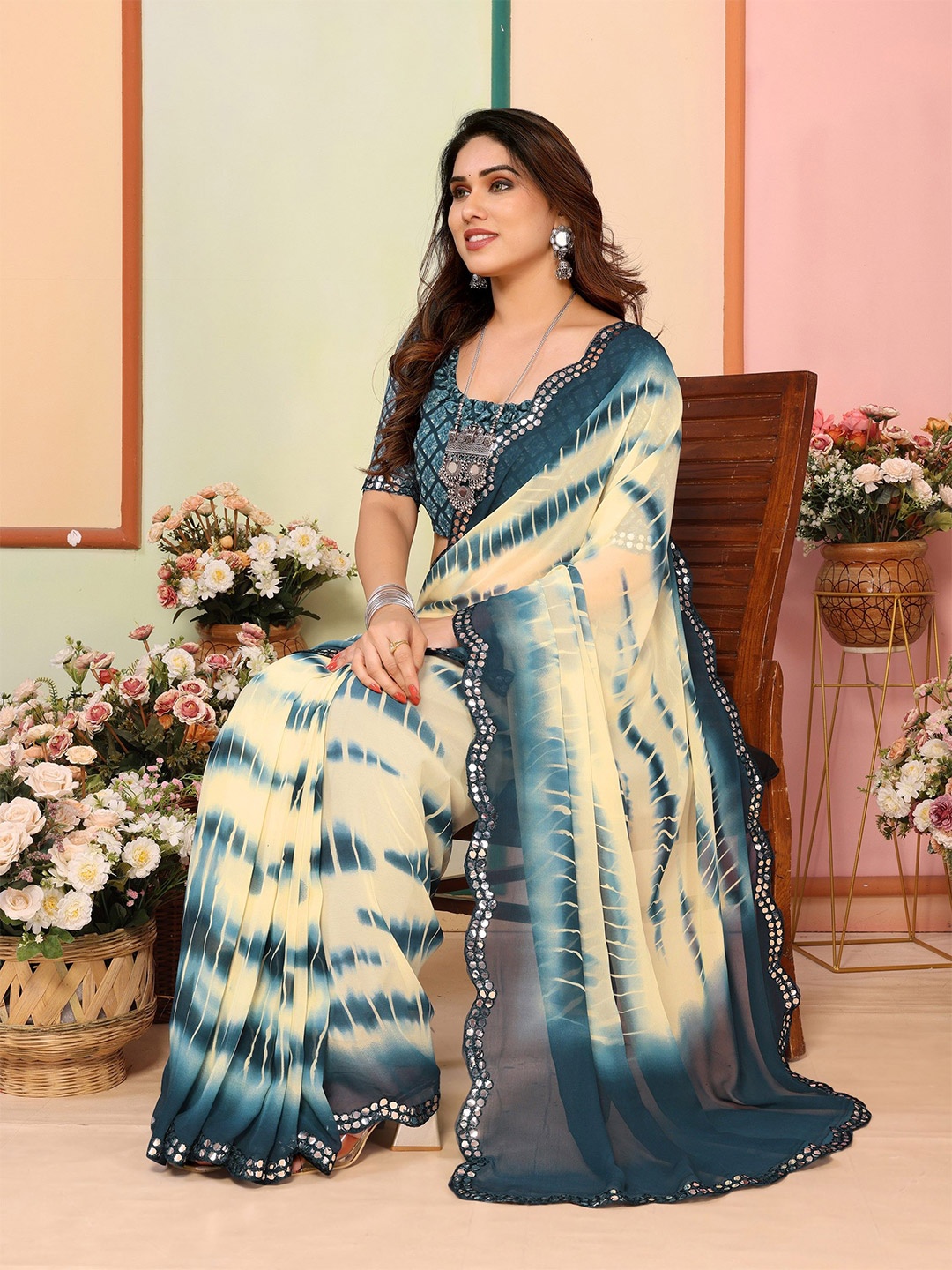 

The Textile Hub Tie and Dye Mirror Work Pure Georgette Saree, Cream
