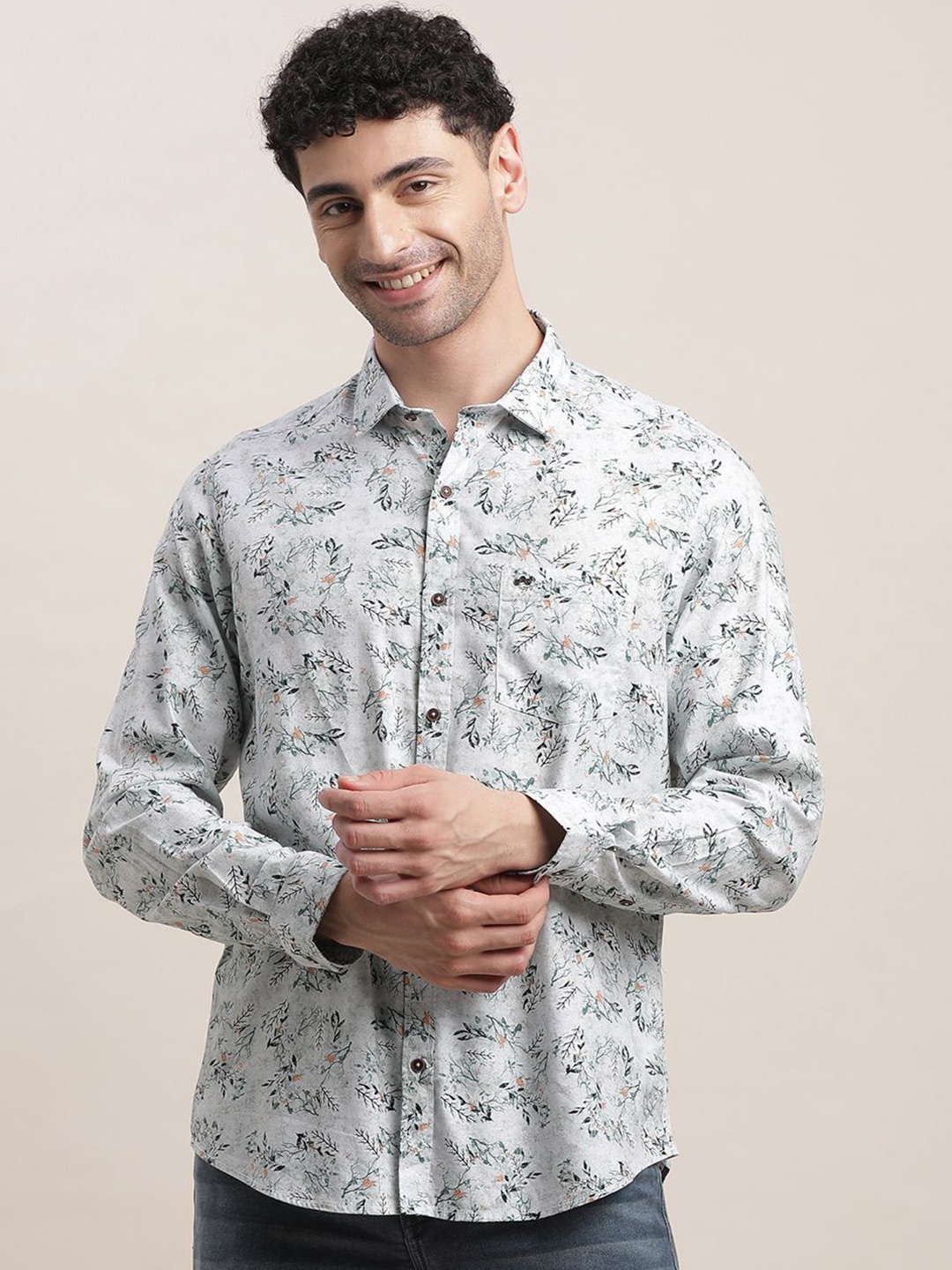 

Turtle Men Relaxed Fit Spread Collar Floral Printed Cotton Casual Shirt, Grey