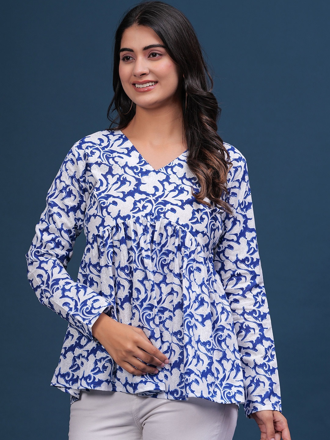 

PINGAKSH Floral Print Cotton Peplum Top, Blue