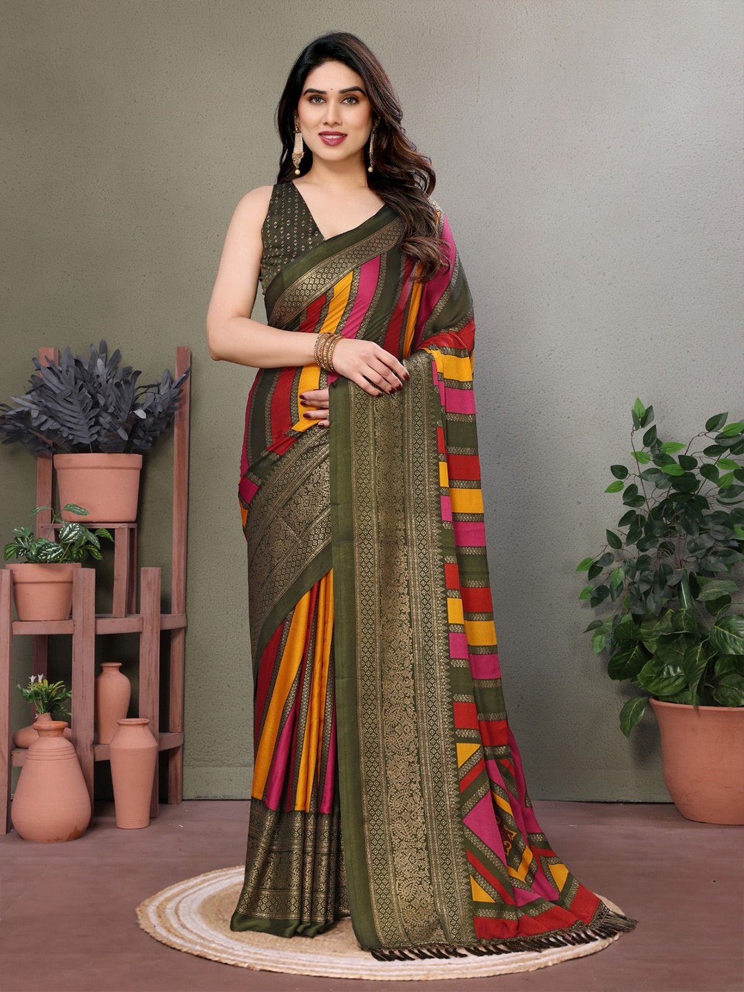 

DIKONA DESIGNER Striped Pure Chiffon Saree, Olive
