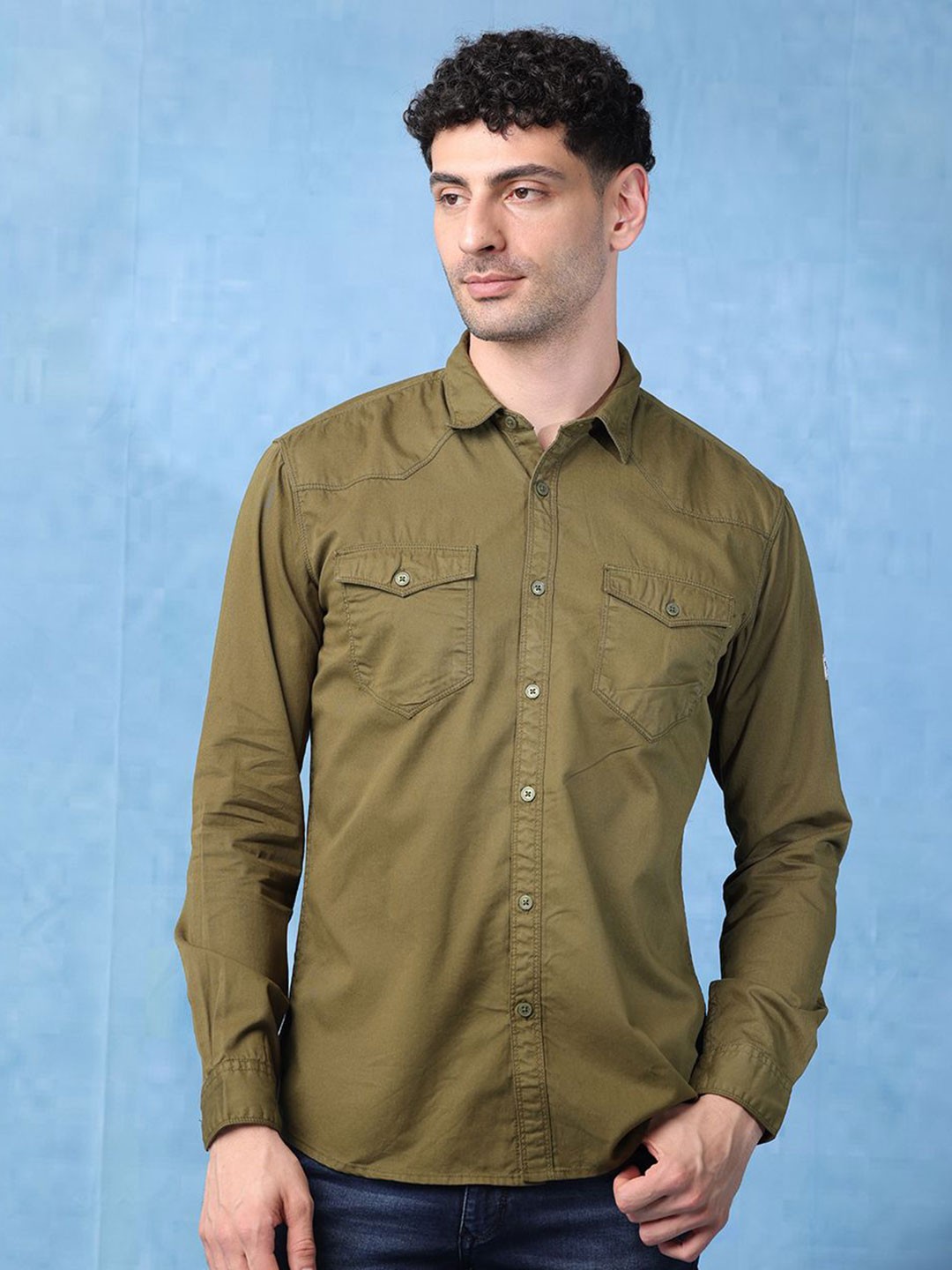 

RIGS AND RAGS Men Classic Fit Spread Collar Solid Cotton Casual Shirt, Olive