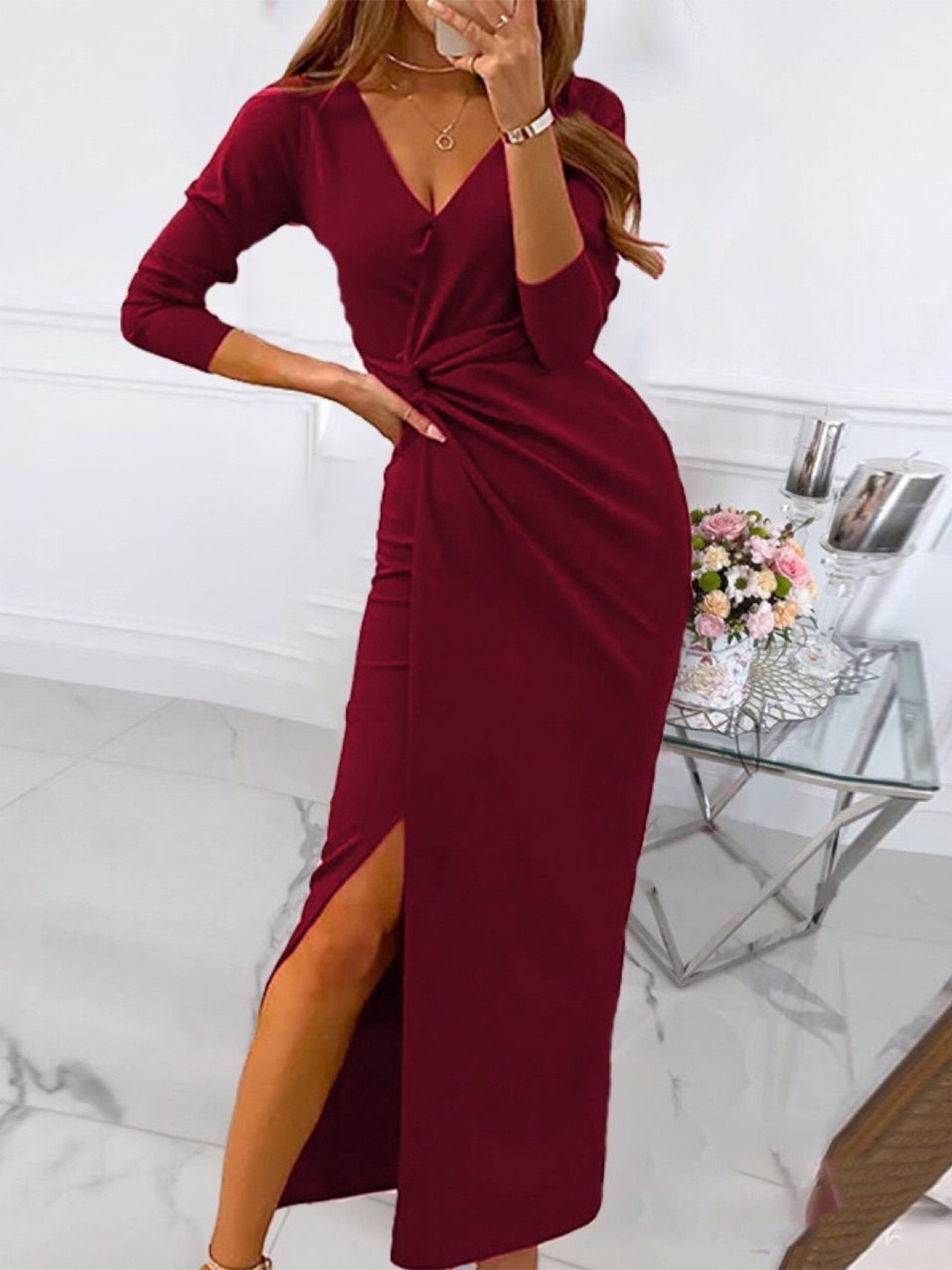 

StyleCast Women V-Neck Wrap Midi Dress, Maroon