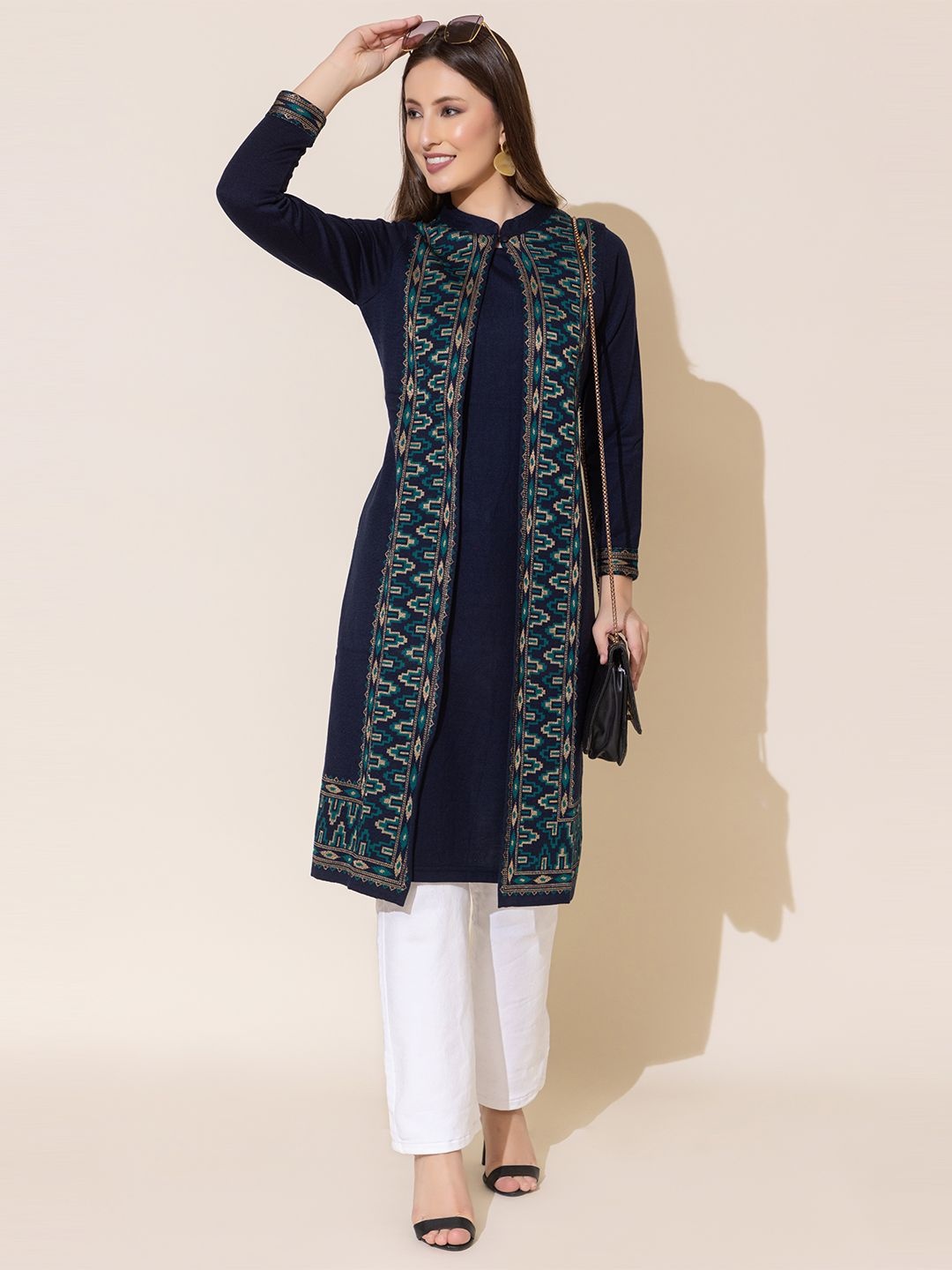 

KEIKO Geometric Woven Design Mandarin Collar Acrylic Straight Kurta with Trousers, Navy blue