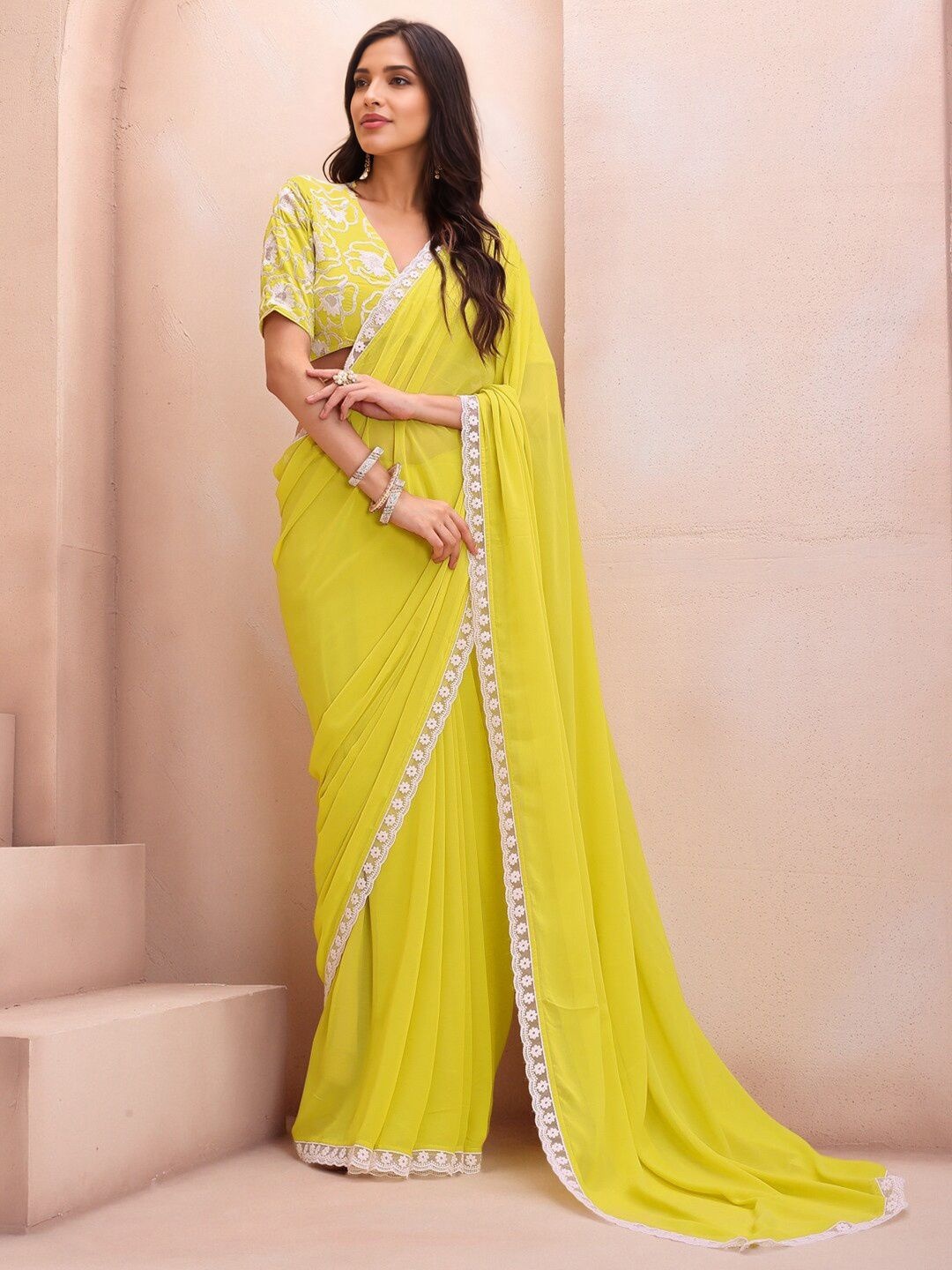 

Mitera Embroidered Saree With Blouse Piece, Yellow