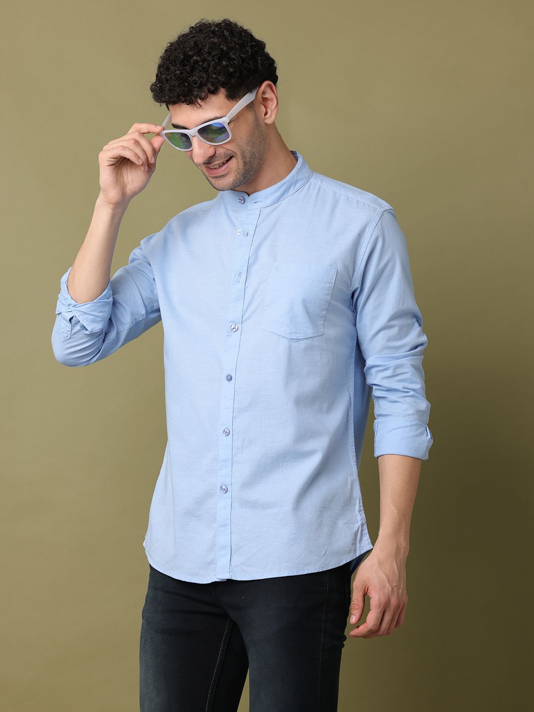 

RIGS AND RAGS Men Classic Band Collar Solid Cotton Casual Shirt, Turquoise blue