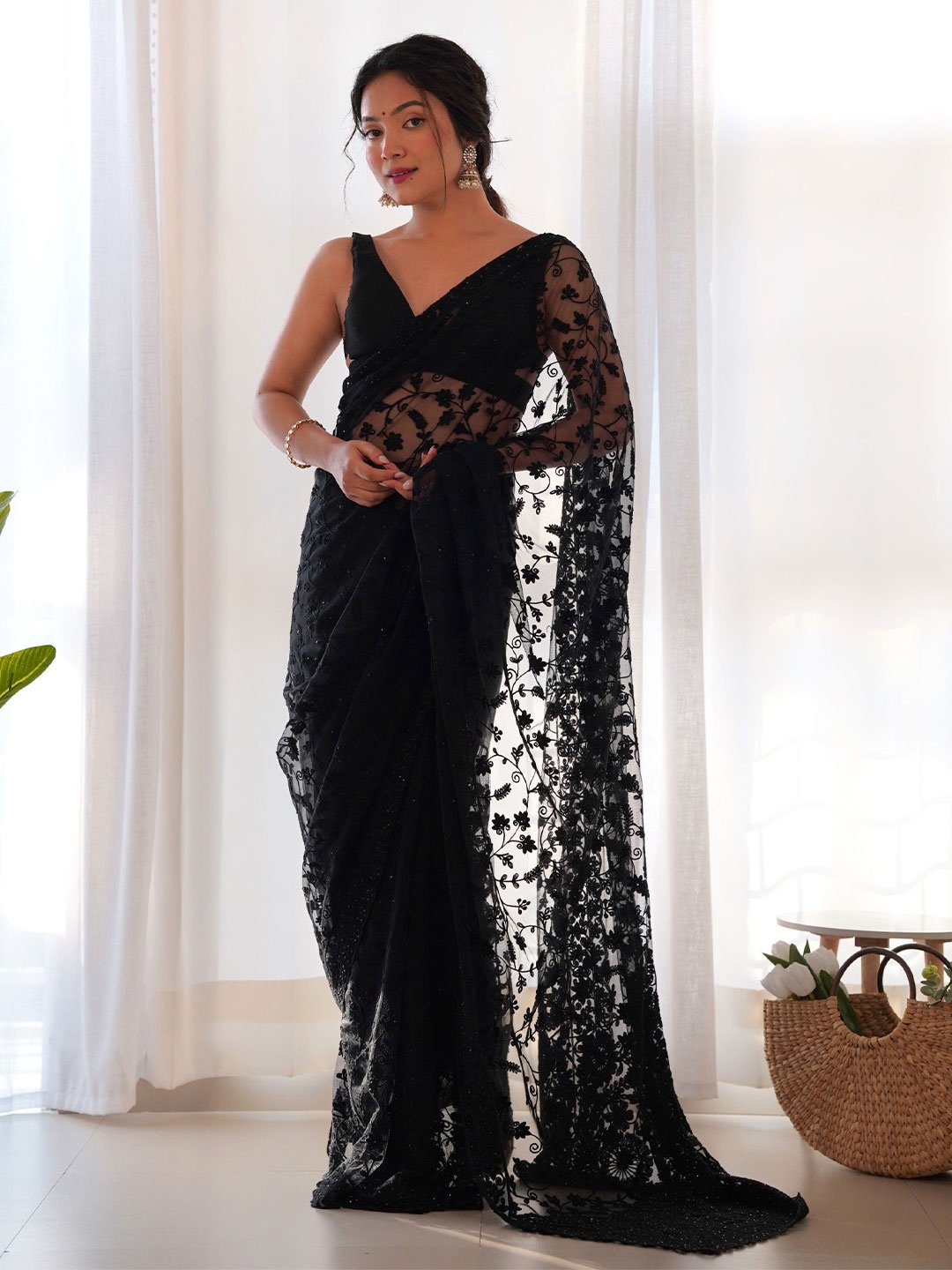 

LeeliPeeri Designer Ethnic Motifs Beads and Stones Saree, Black