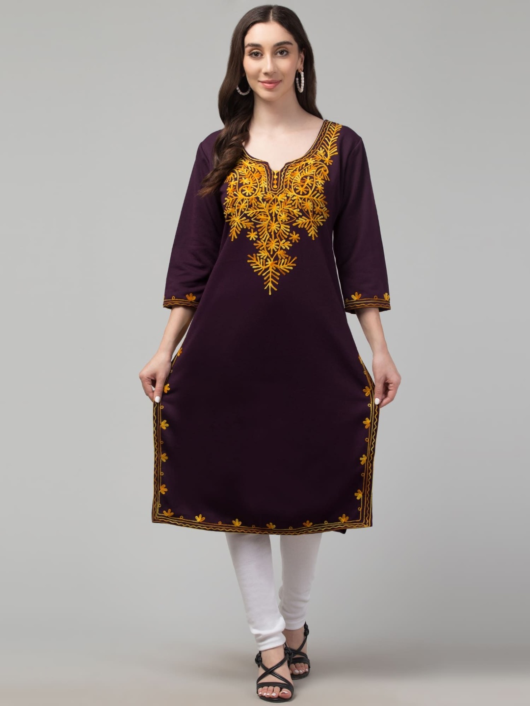 

FAMBEE Floral Embroidered Notch Neck Woollen Straight Kurta, Coffee brown