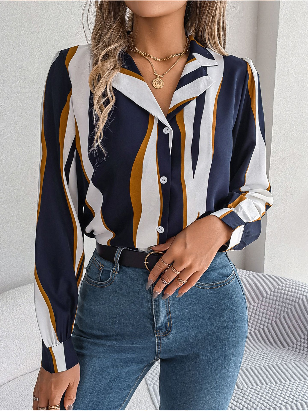 

StyleCast x Revolte Women Cuban Collar Vertical Striped Casual Shirt, Navy blue