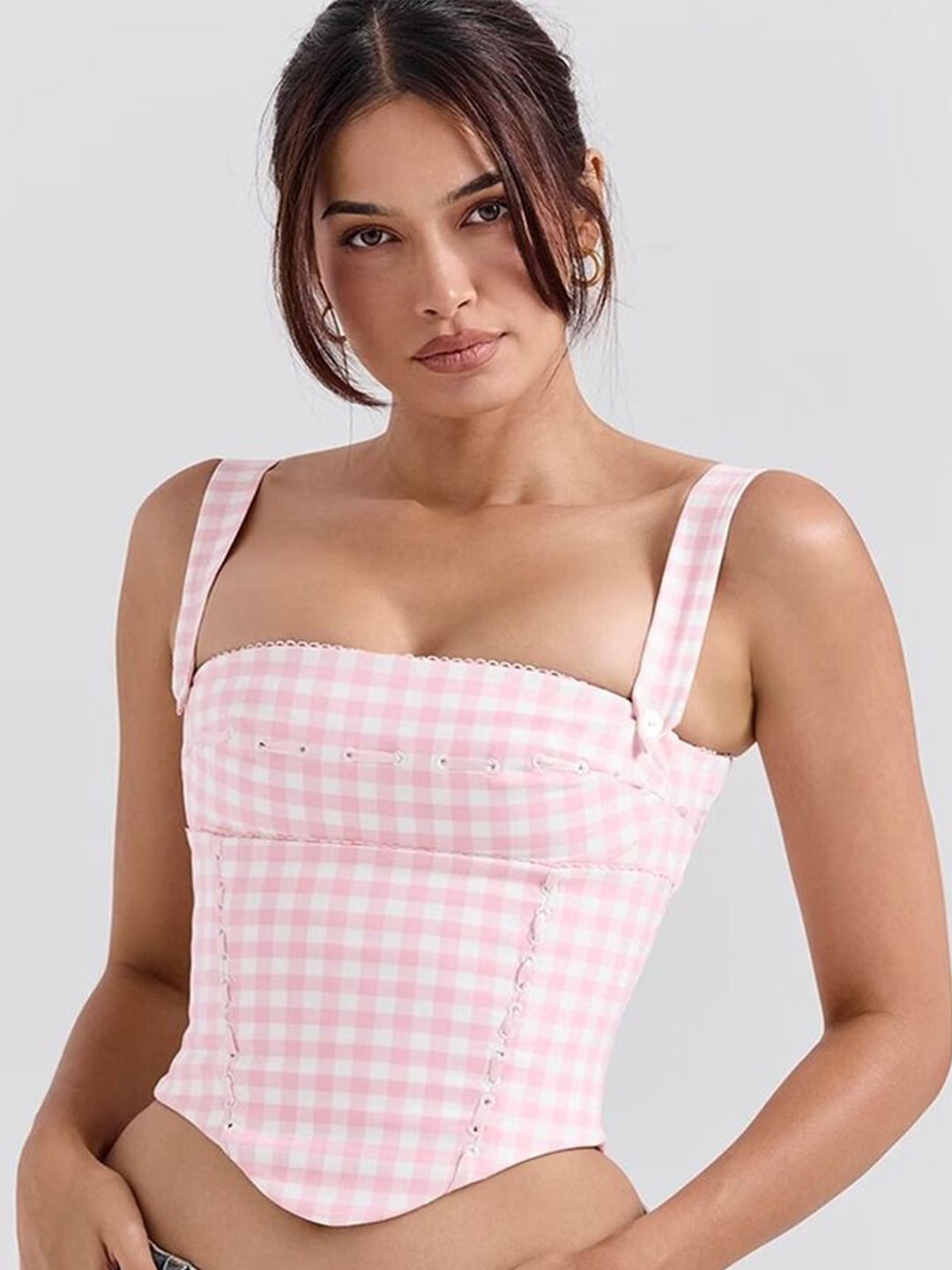 

LULU & SKY Women Checked Crop Fitted Top, Pink