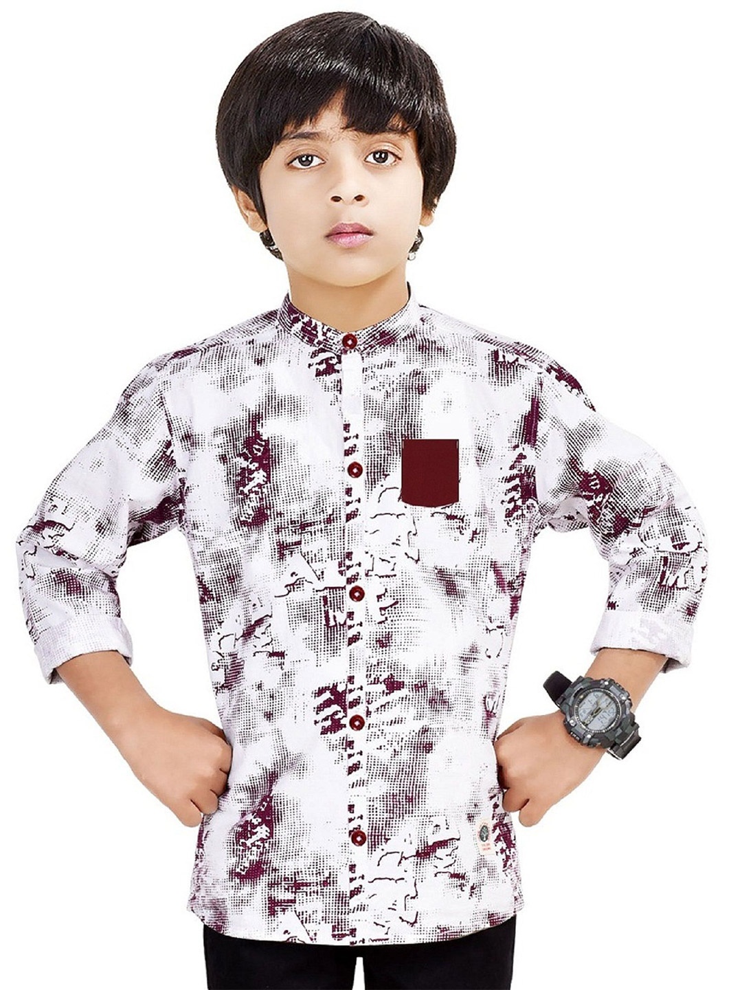 

MADE IN THE SHADE Boys Band Collar Abstract Printed Cotton Casual Shirt, White