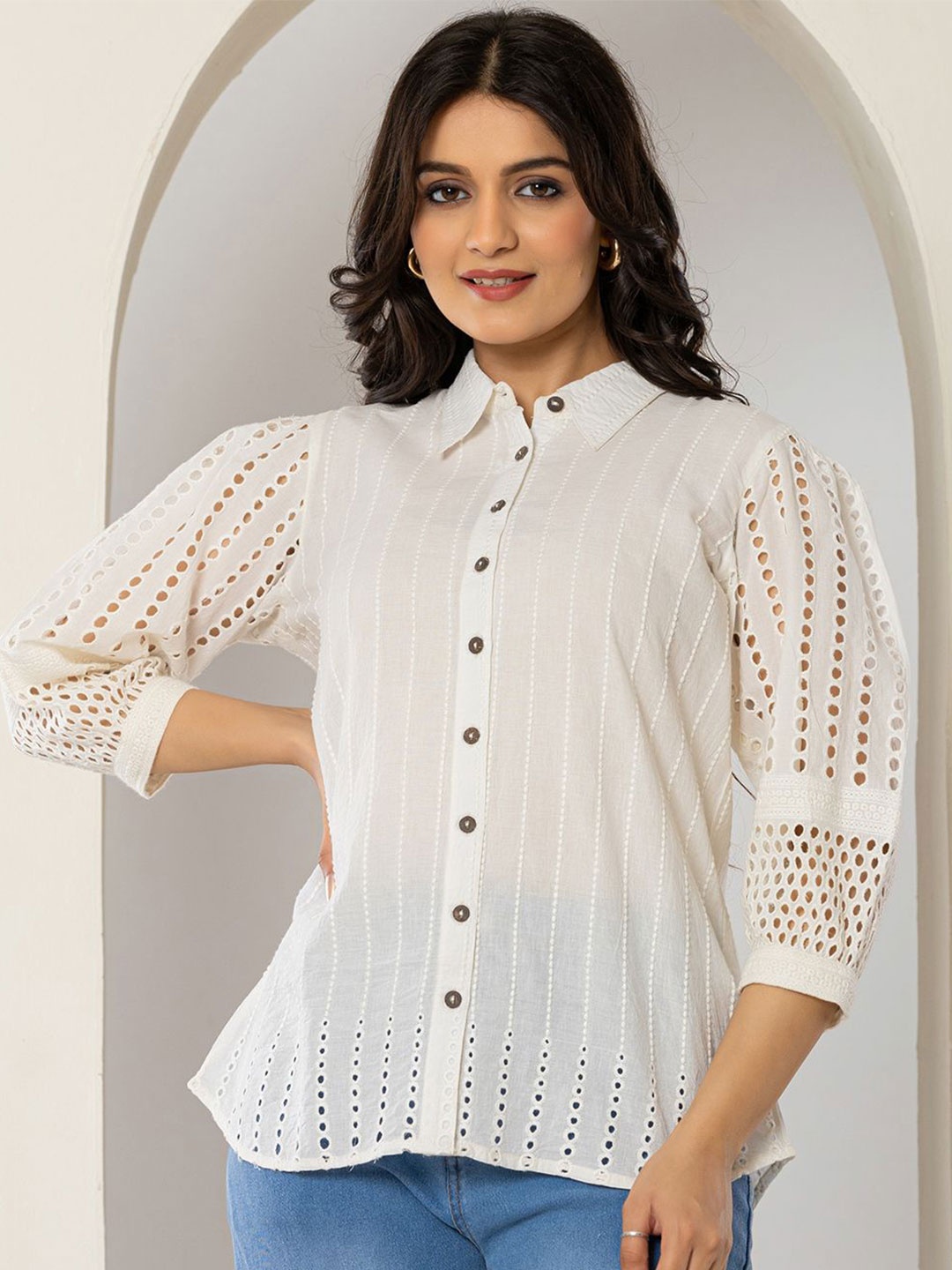

Eco Clothing Women Classic Relaxed Fit Spread Collar Vertical Striped Cotton Casual Shirt, Off white