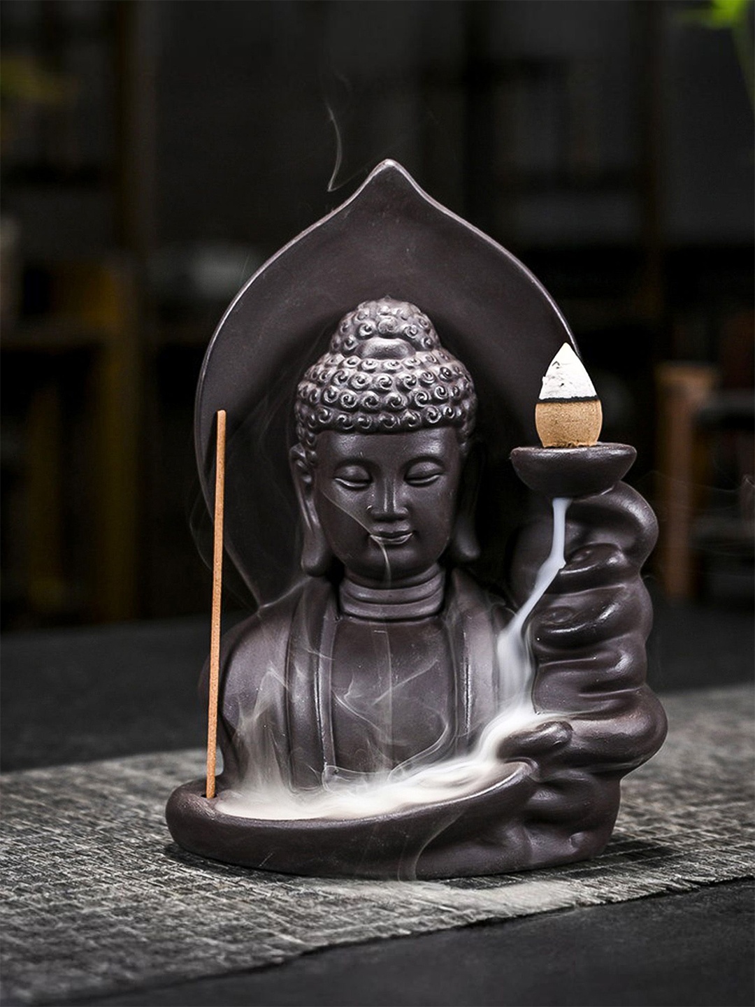 

Ekhasa Brown Textured Buddha Ceramic Agarbatti Stand Backflow Smoke Fountain