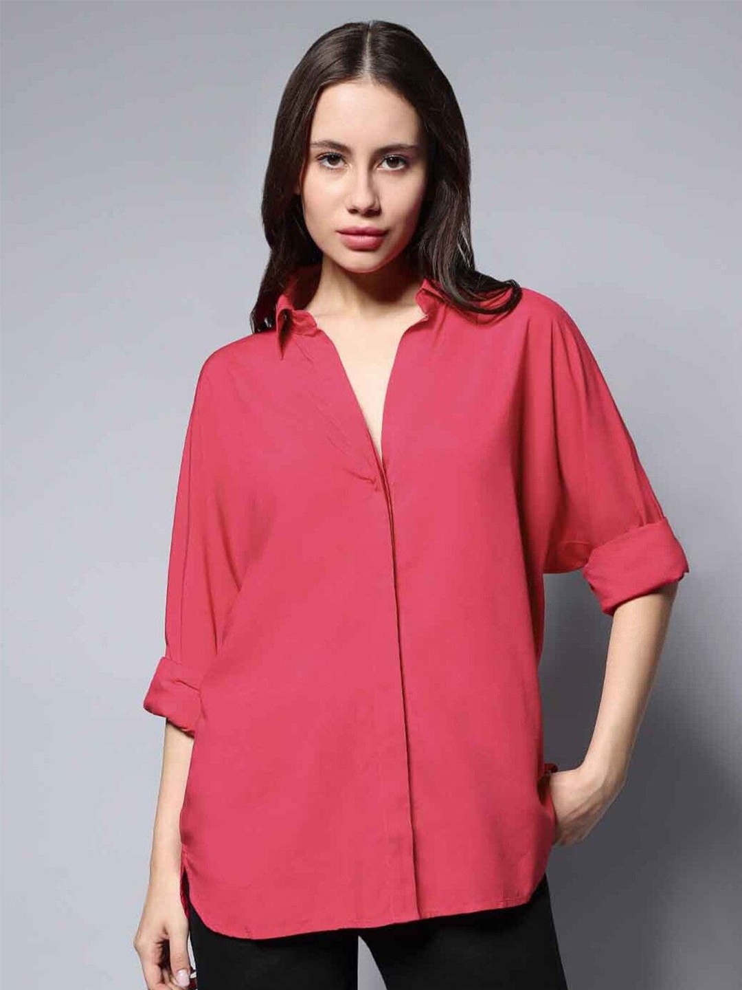 

WHY SO FAB Women Comfort Oversized Fit Spread Collar Solid Cotton Casual Shirt, Pink