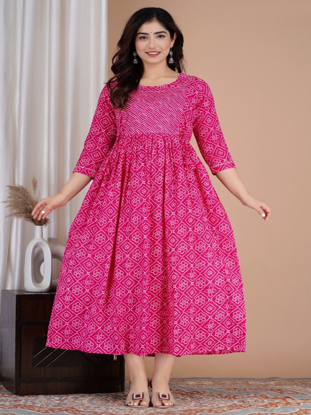 

Nevisha Style Bandhani Printed Round Neck Gotta Patti Maternity Cotton Anarkali Kurta, Pink