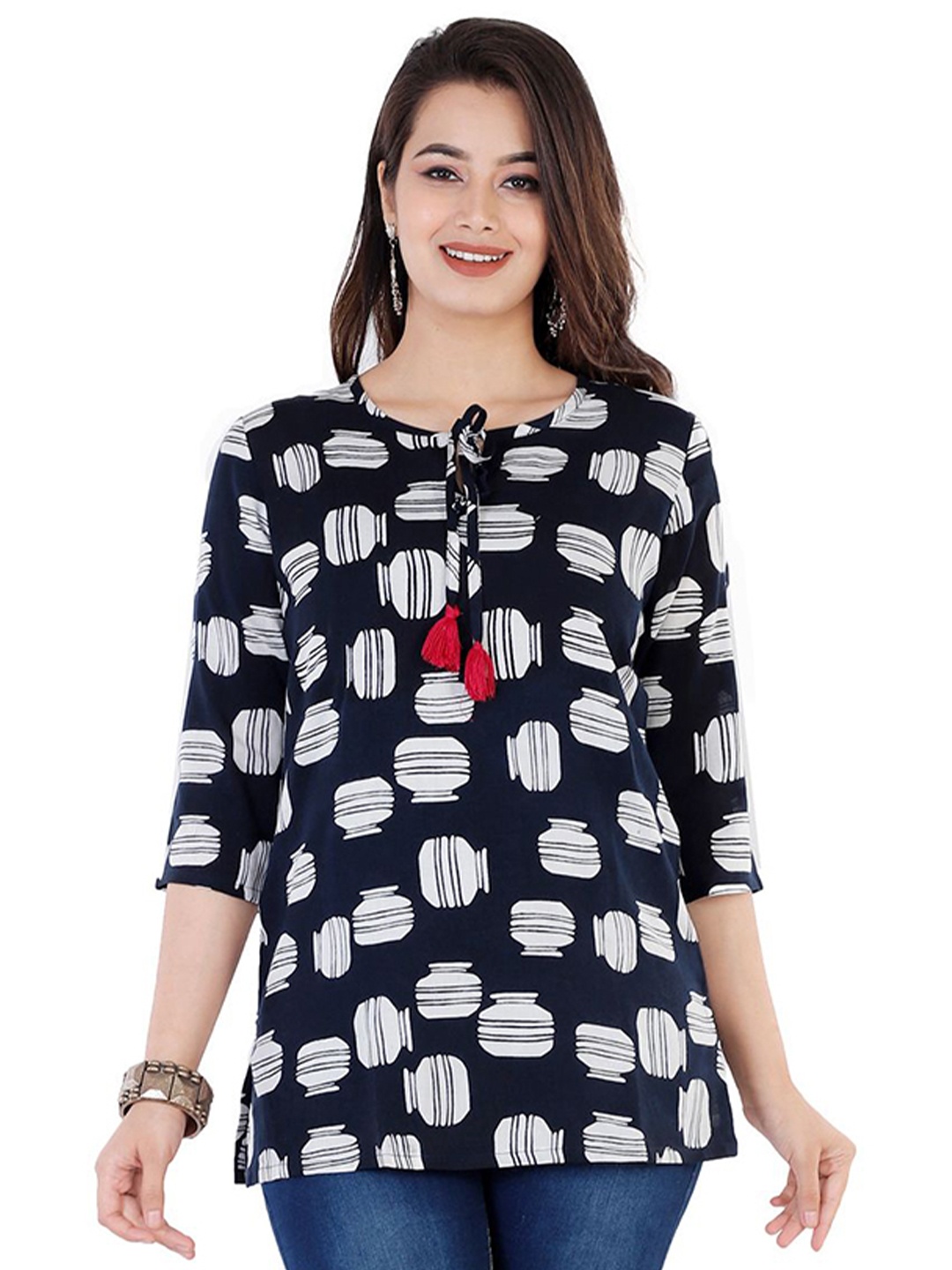 

NNAVDHA Women Printed Tie-Up Neck Cotton Top, Blue