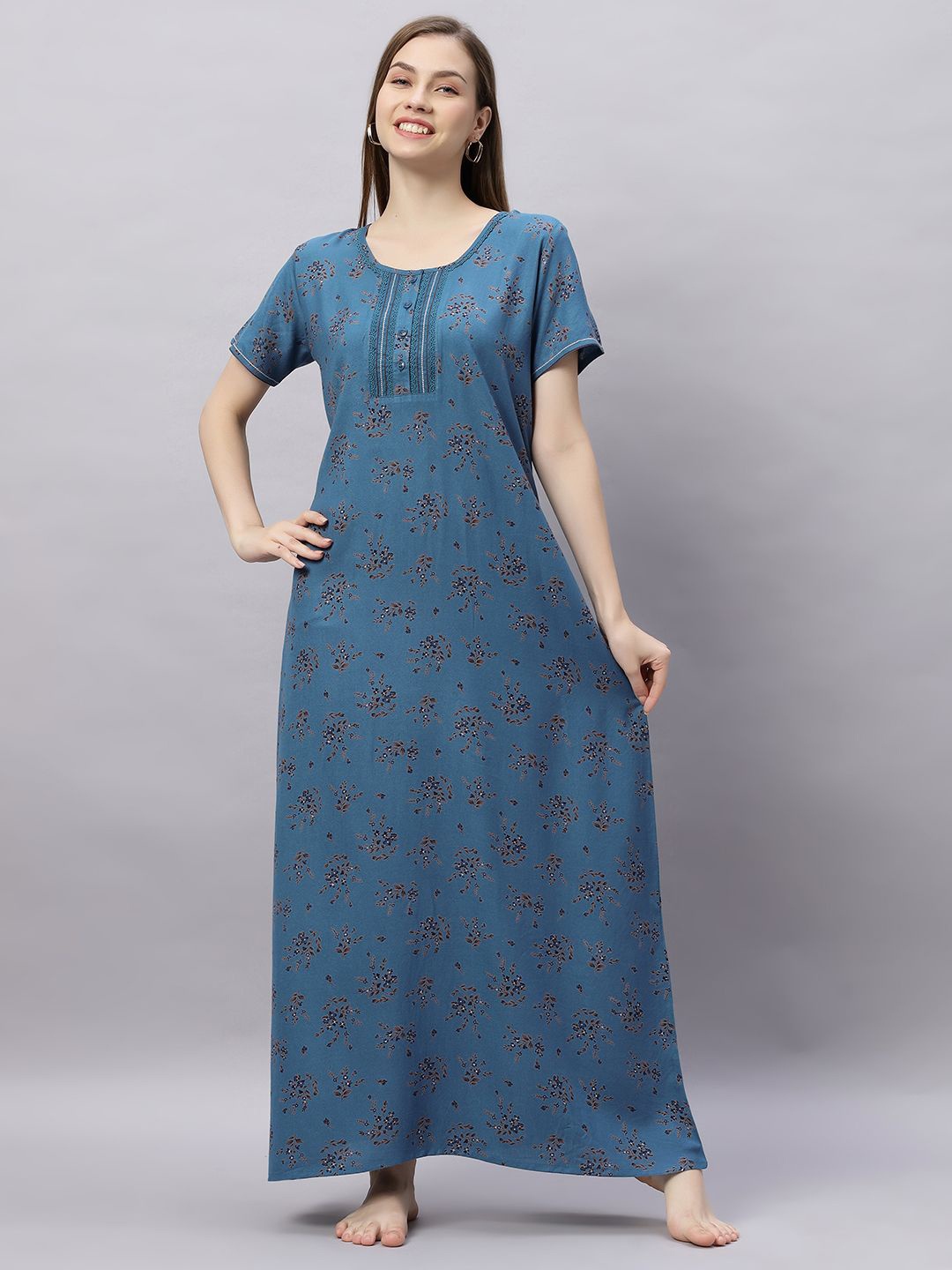 

QUIRA Women Printed Maxi Nightdress, Blue