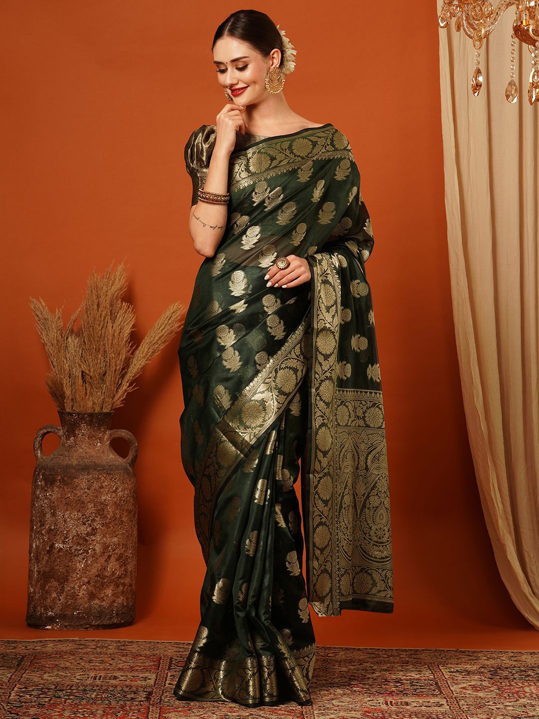 

yourwish Woven Design Zari Organza Banarasi Saree, Green