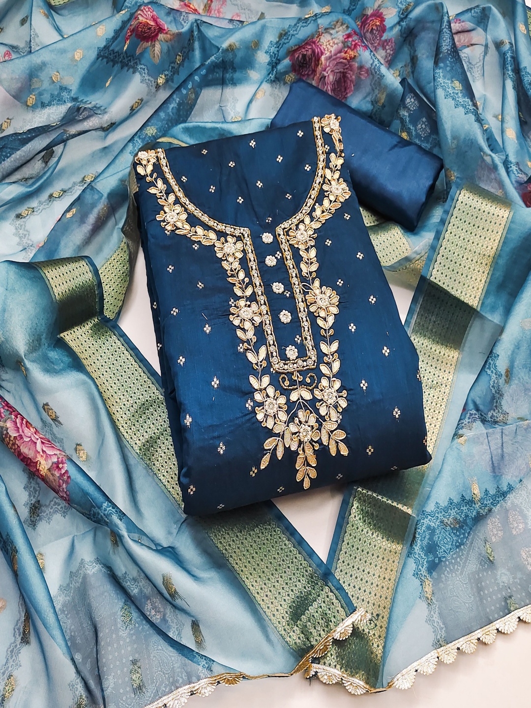 

MANVAA Floral Embroidered Beads and Stones Unstitched Dress Material, Blue