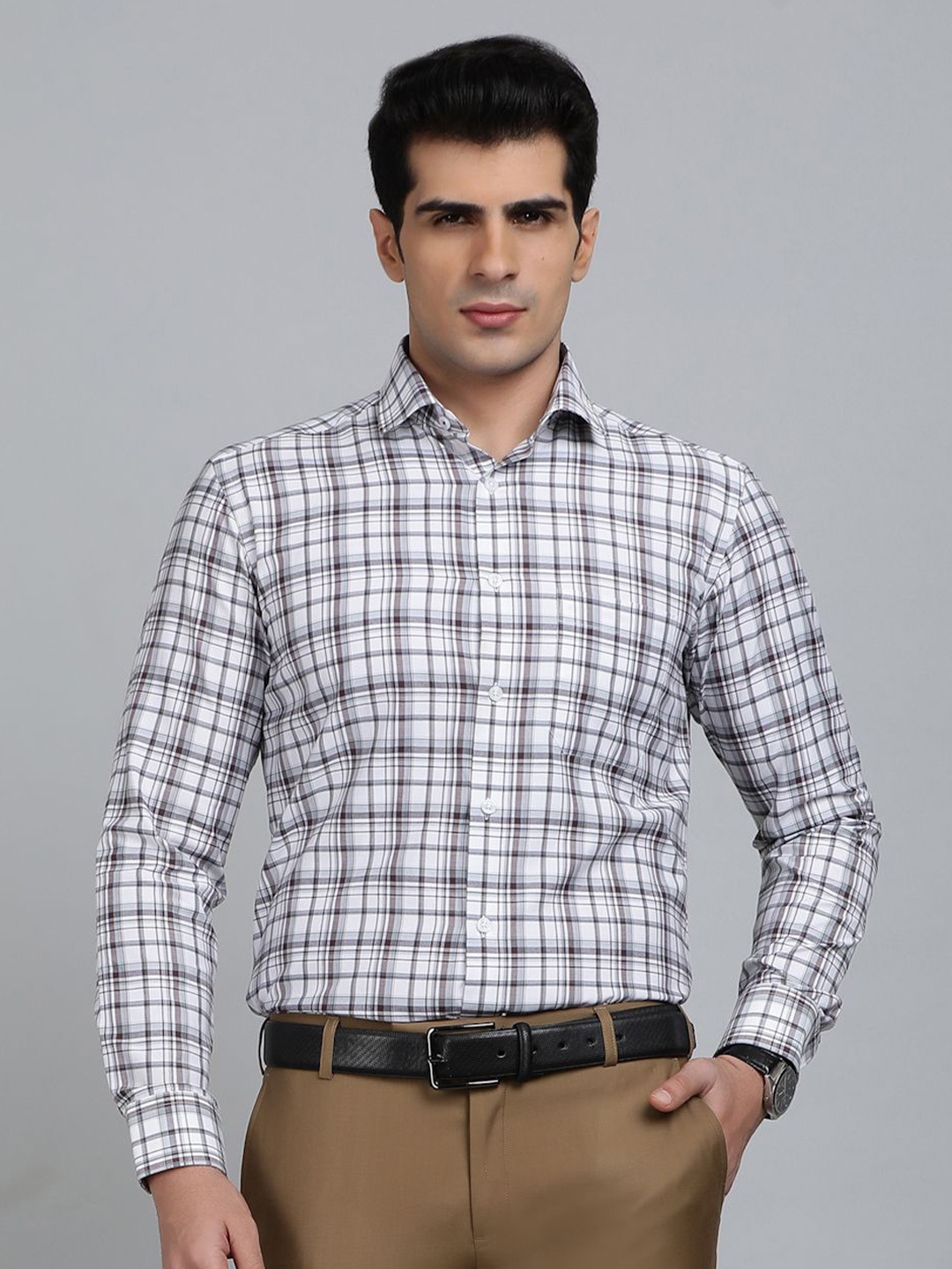 

Greenfibre Men Slim Fit Spread Collar Tartan Checked Cotton Formal Shirt, White