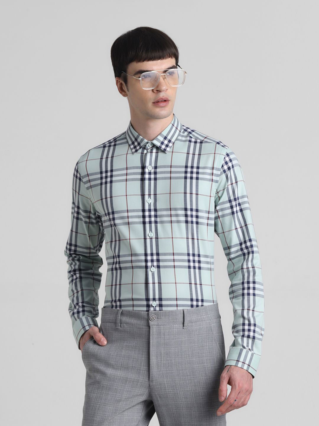 

Jack & Jones Men Slim Fit Spread Collar Tartan Checked Cotton Casual Shirt, Green