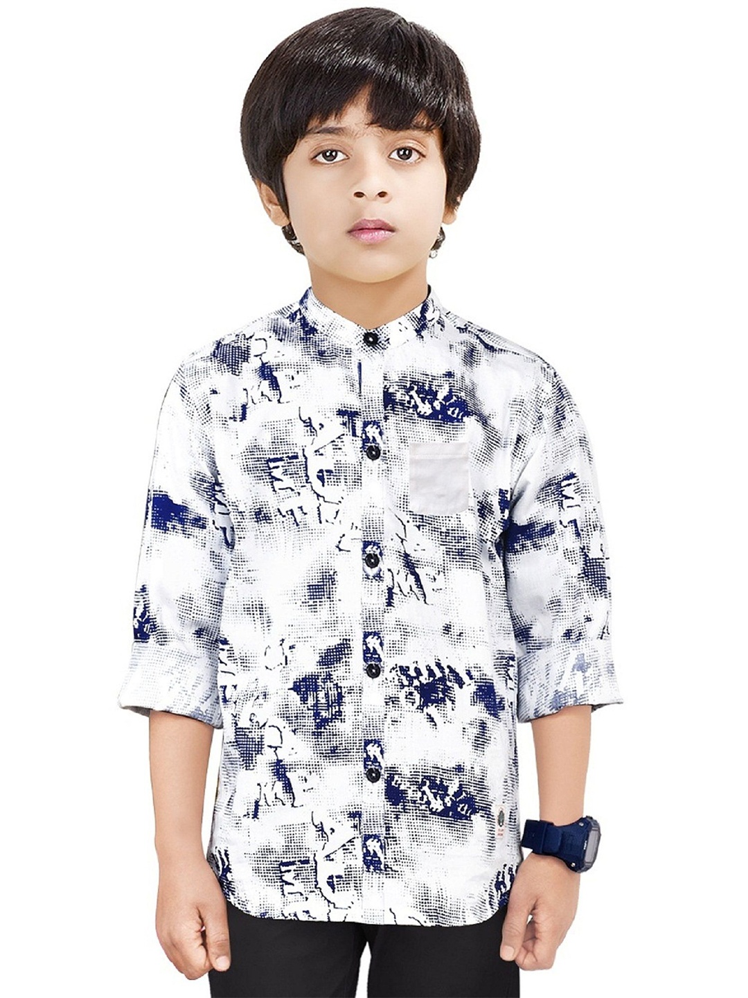 

MADE IN THE SHADE Boys Band Collar Abstract Printed Cotton Casual Shirt, White