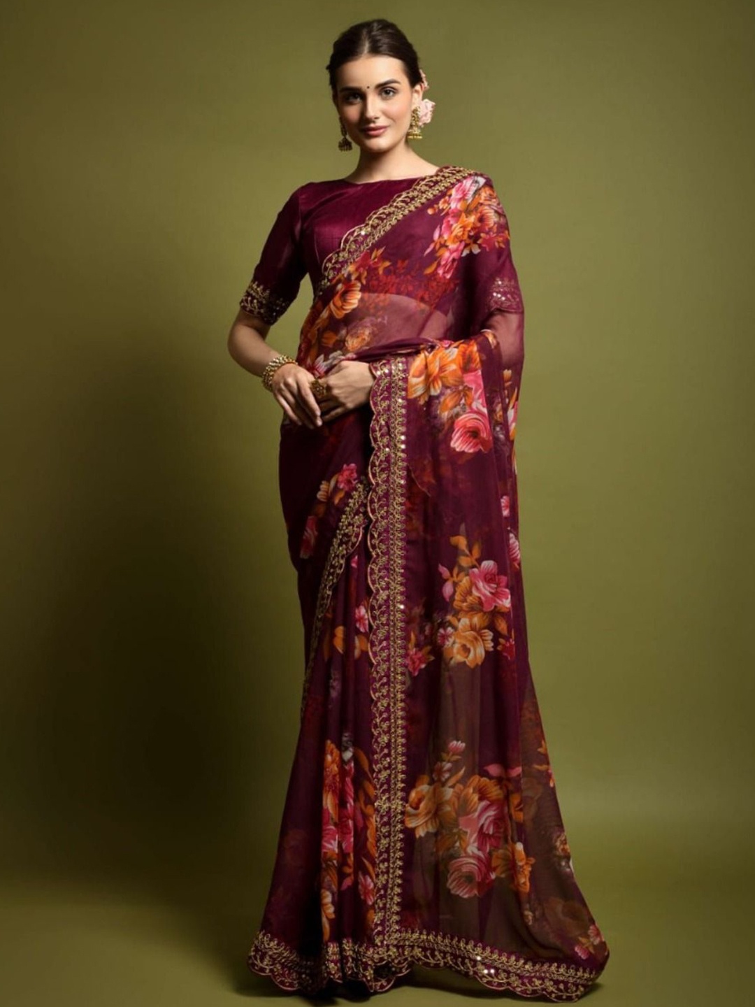 

Anouk Floral Printed Embroidered Pure Georgette Saree, Maroon