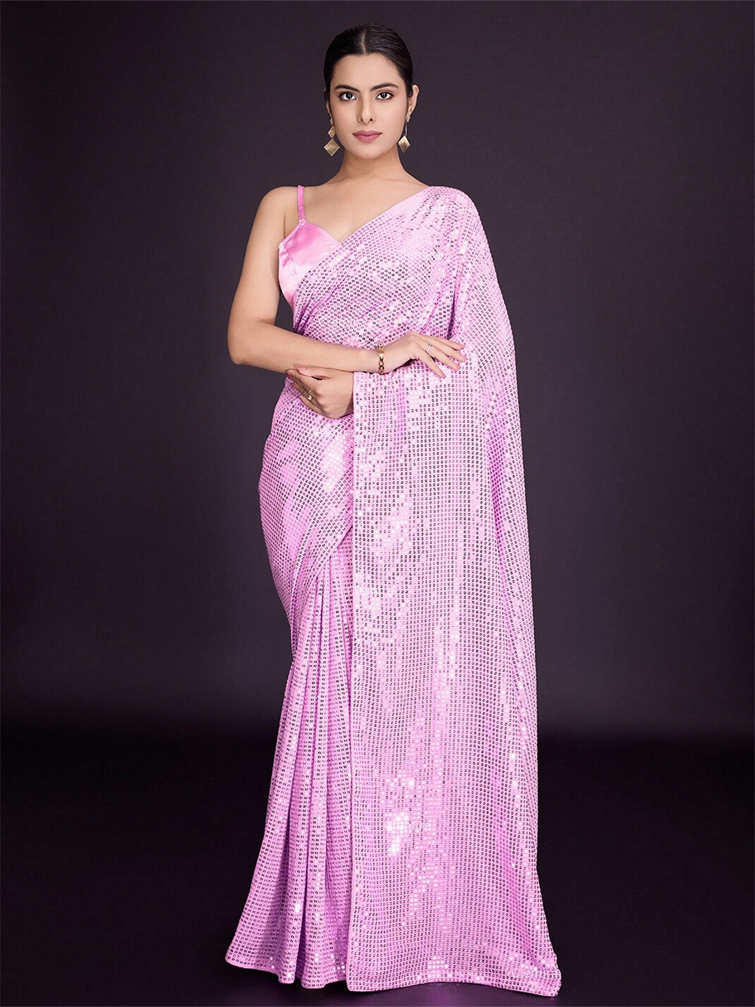 

FashionsEye Embellished Sequinned Pure Georgette Saree, Pink