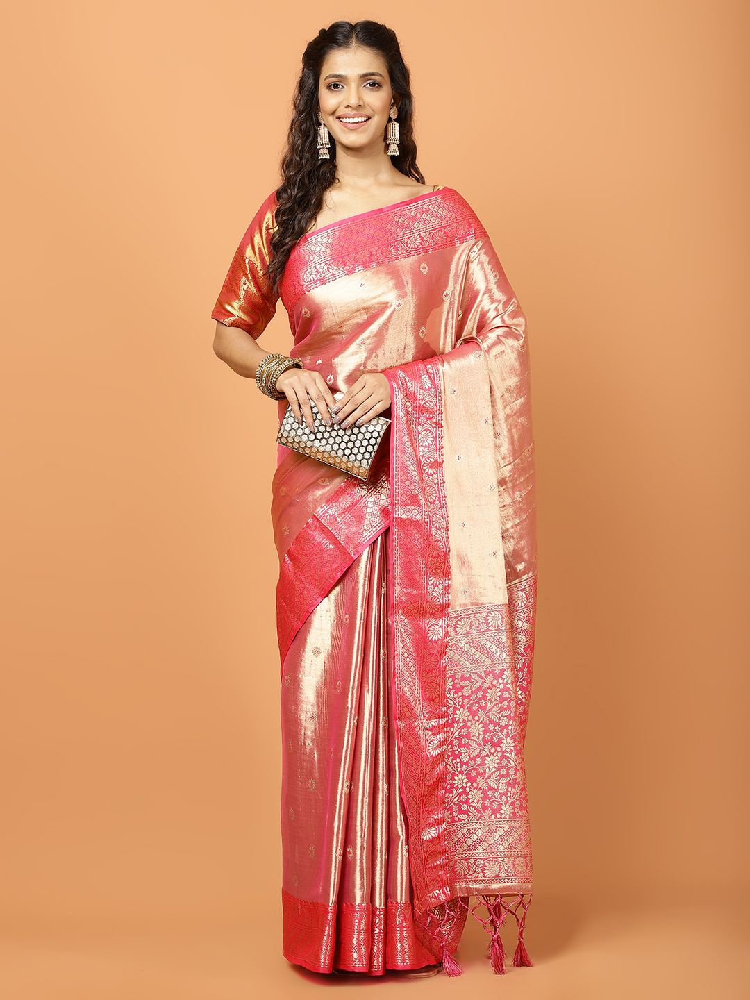 

Meena Bazaar Woven Design Zari Tissue Banarasi Saree, Pink
