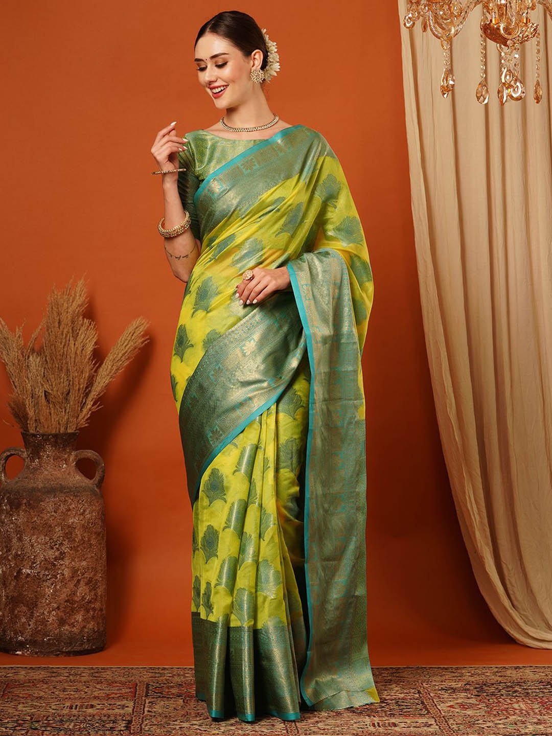 

yourwish Woven Design Zari Organza Banarasi Saree, Green