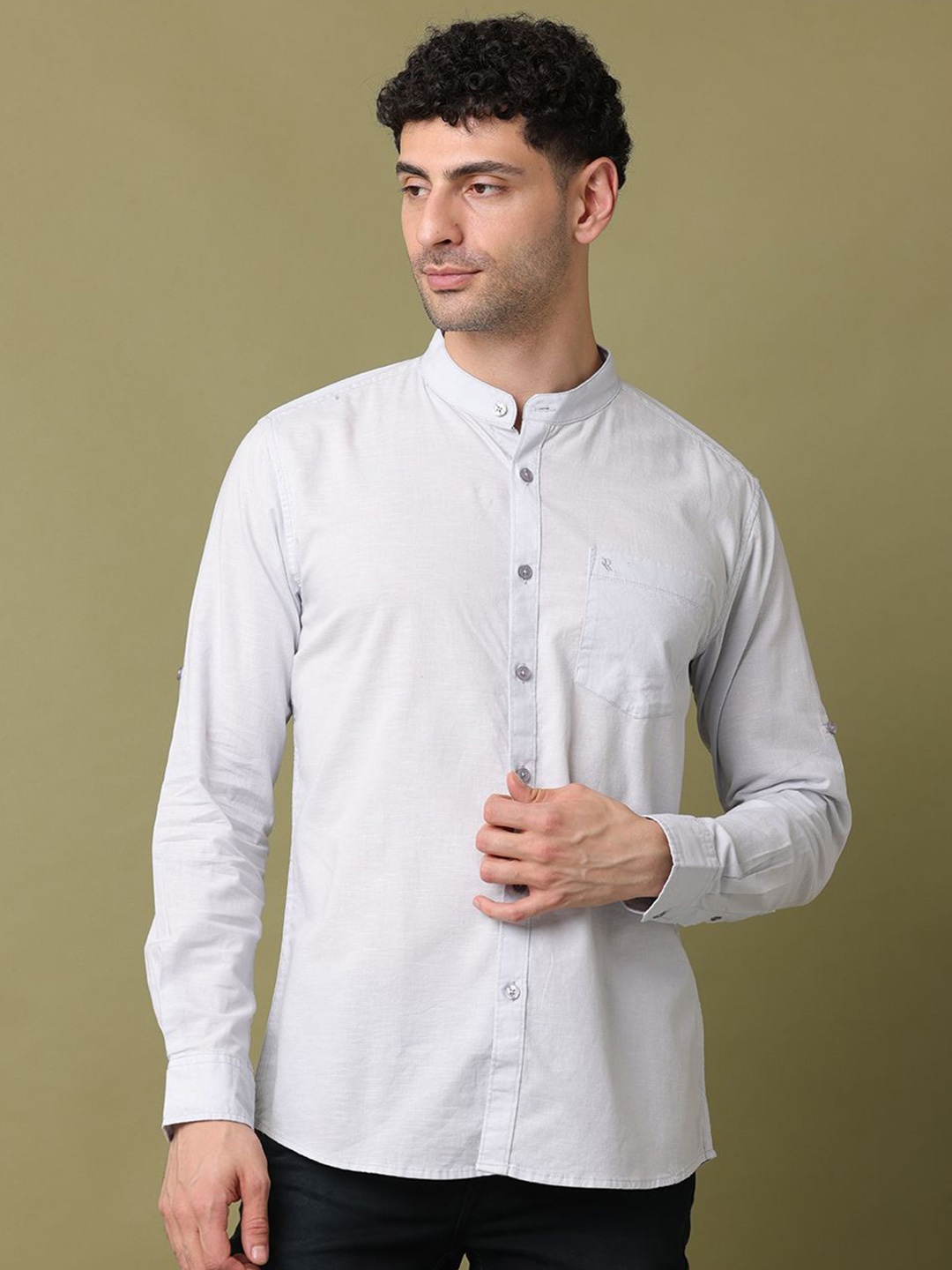 

RIGS AND RAGS Men Classic Fit Band Collar Solid Cotton Casual Shirt, Grey