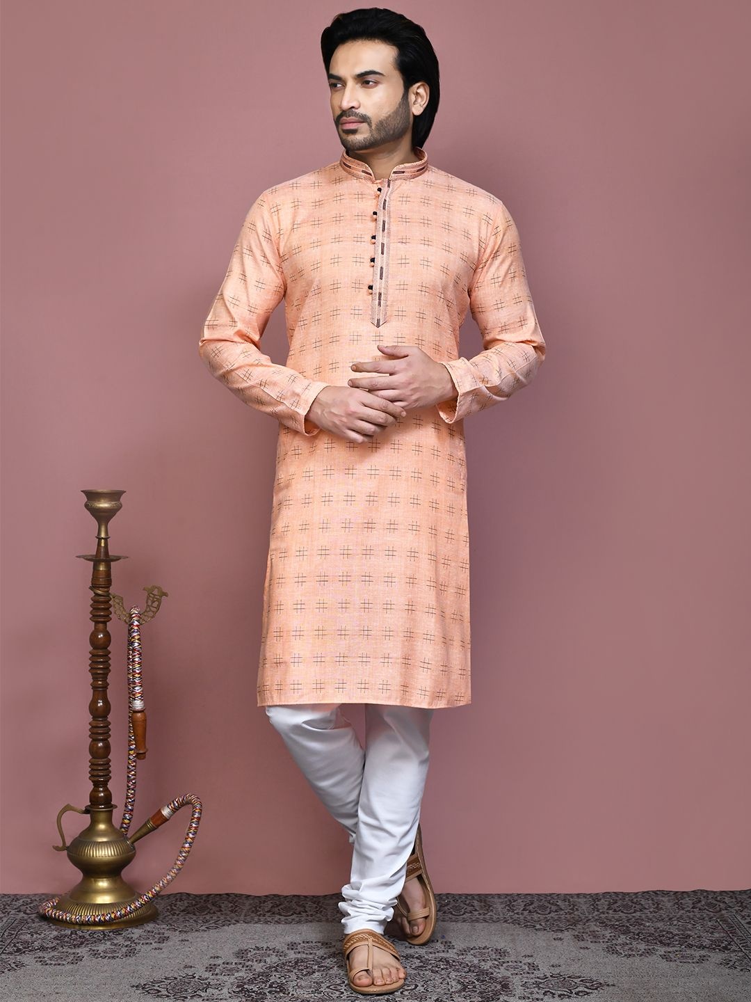 

RANAK Geometrical Printed Cotton Mandarin Collar Straight Kurta, Orange
