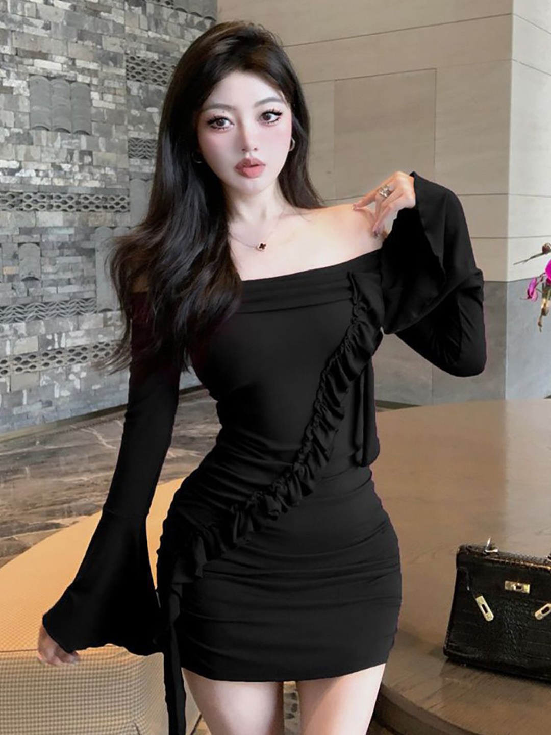 

StyleCast x Revolte Off-Shoulder Bell Sleeve Ruffled Bodycon Mini Dress, Black